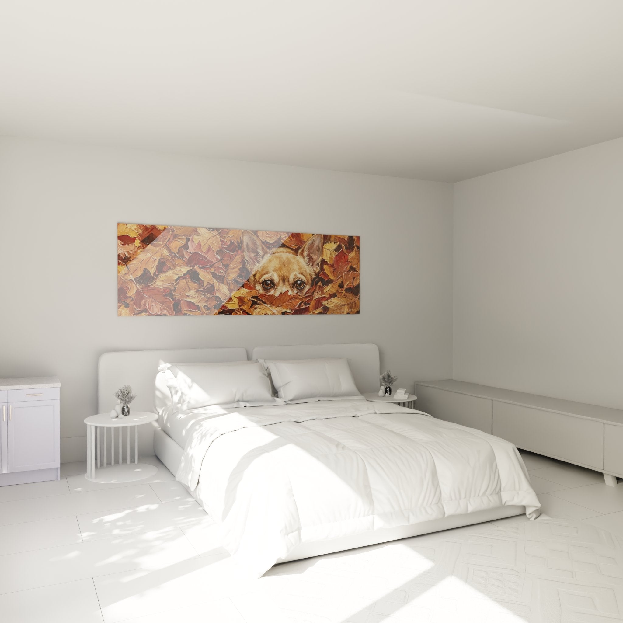 decoration chambre tableau chihuahua feuilles automnales ambiance chaleureuse tons dores cuivre mur blanc