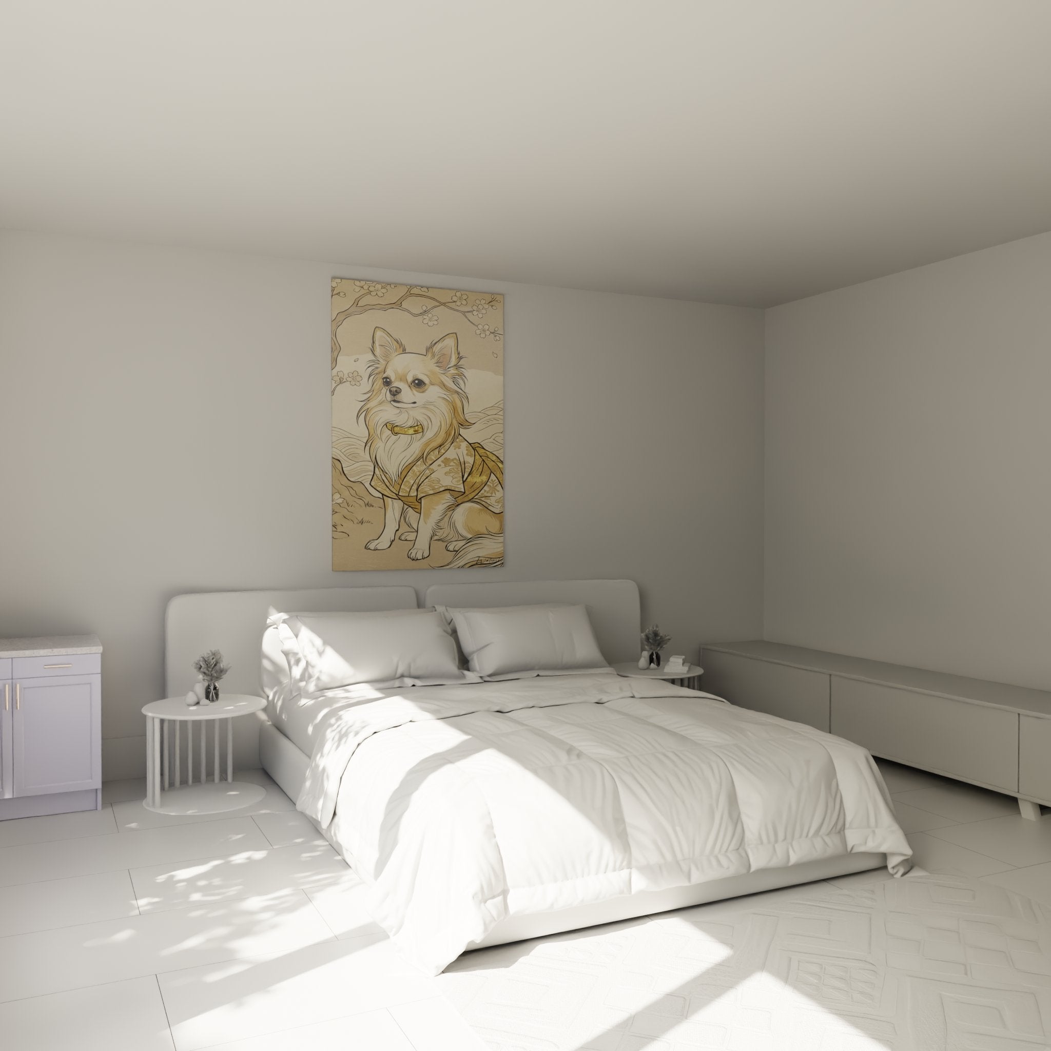 Decoration murale chihuahua kimono traditionnel ambiance zen chambre tons dores