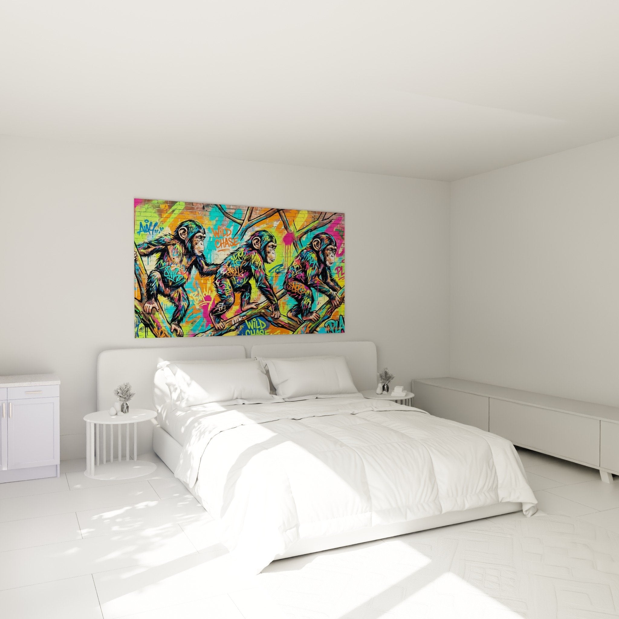 Schlafzimmer Dekoration Gemälde bunte Schimpansen Graffiti Street Art weiße moderne Wand