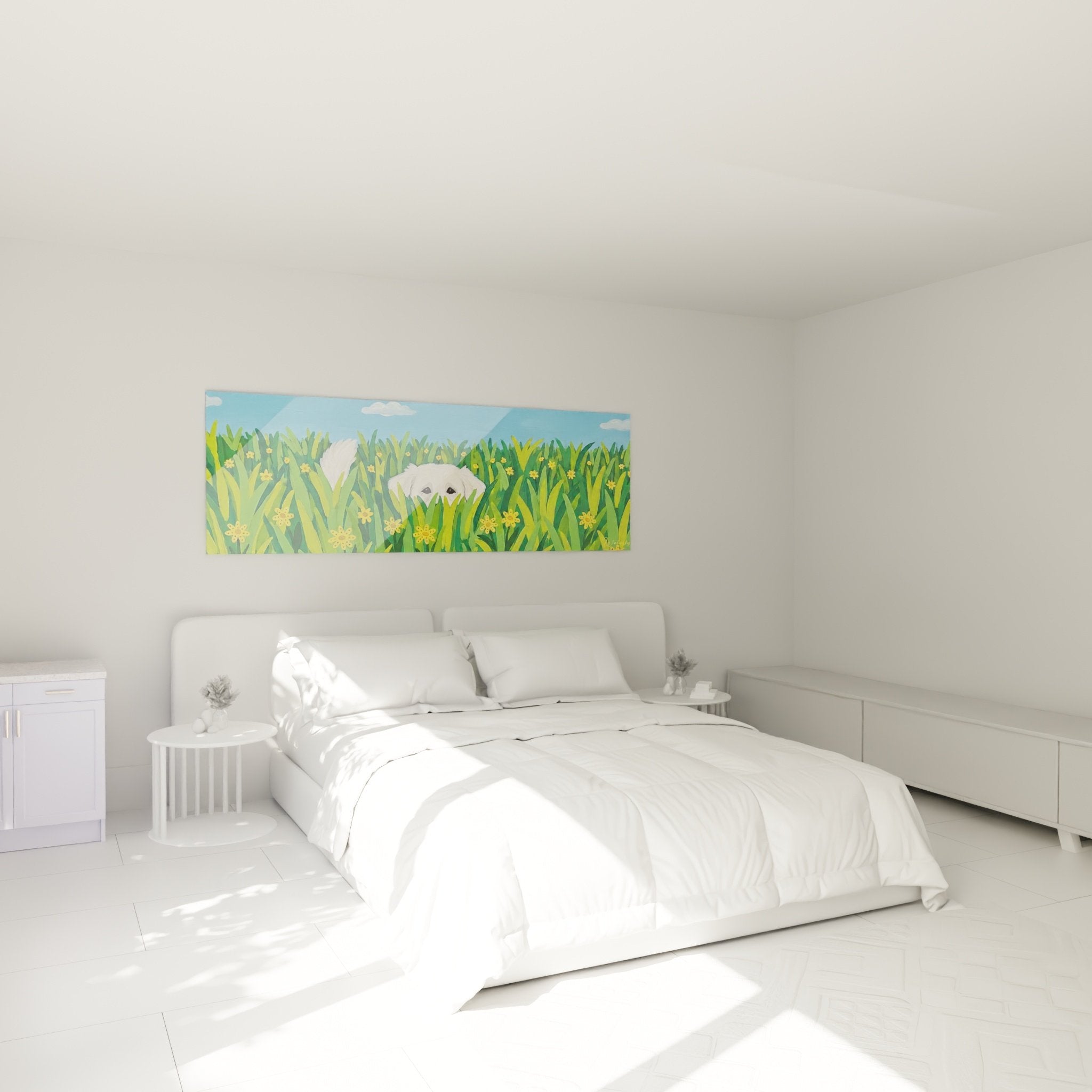 Wanddekoration weißer Welpe blühendes Feld in modernem Schlafzimmer mit beruhigenden Naturtönen