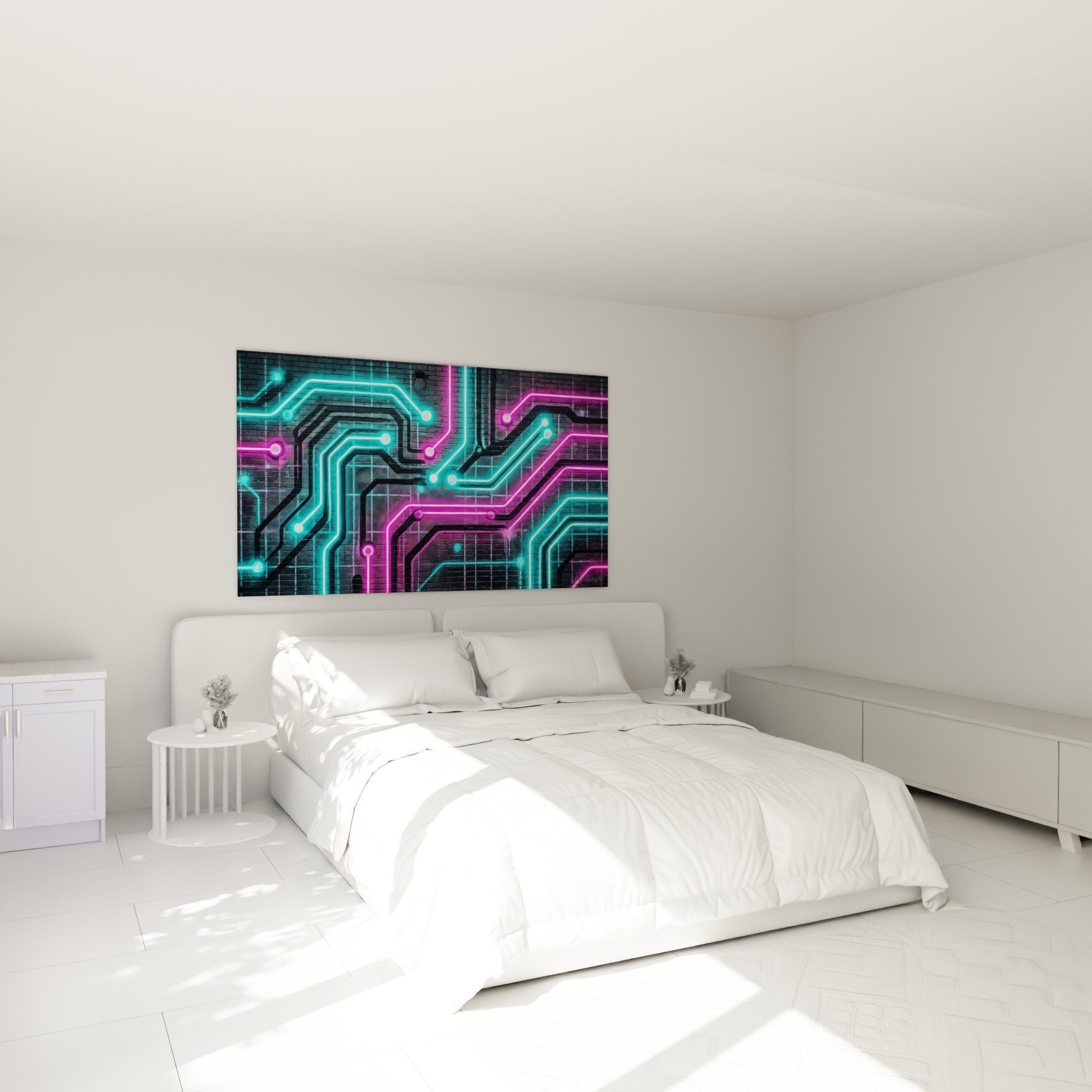 Decoration murale circuits lumineux cyan magenta chambre moderne futuriste