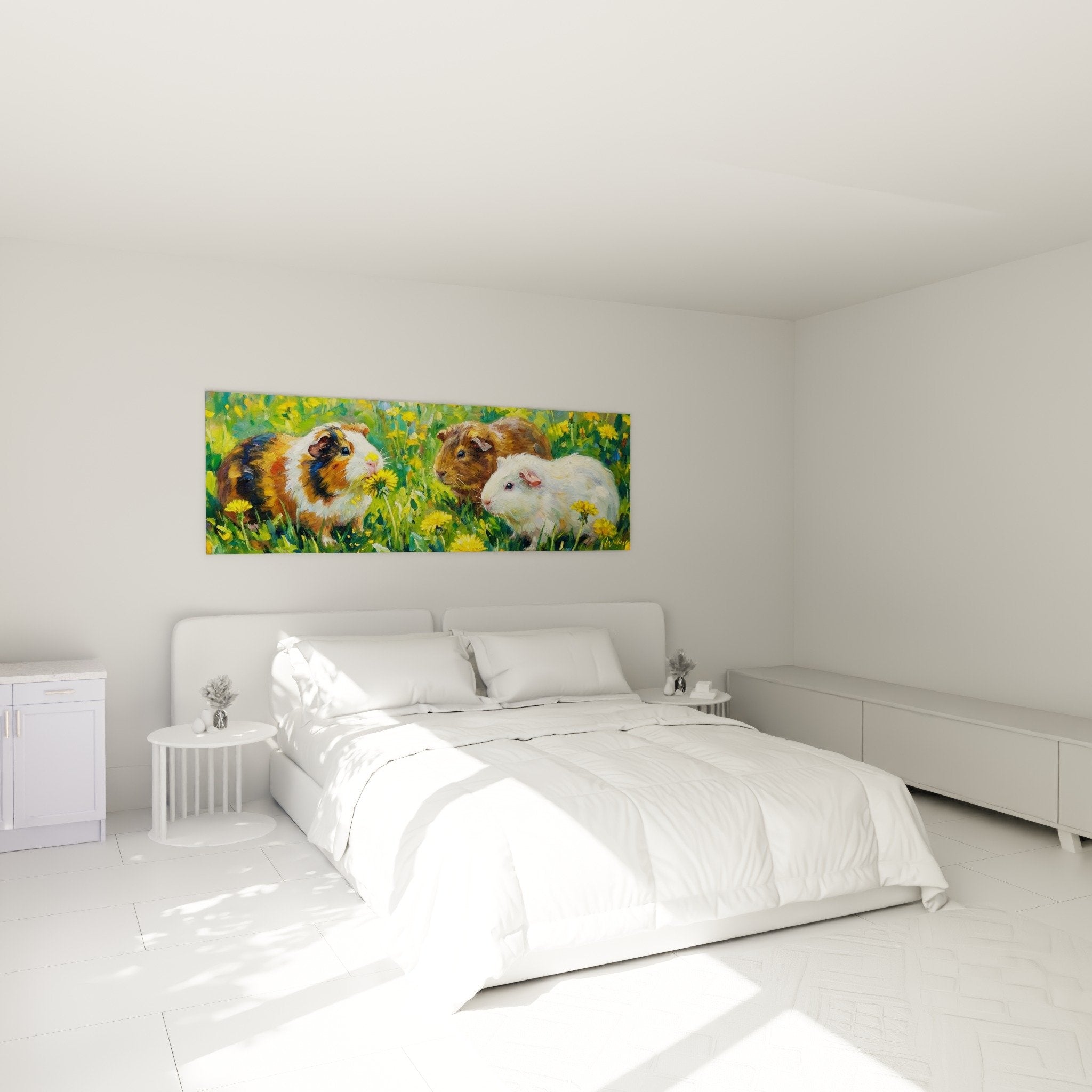 Wanddekoration Meerschweinchen Löwenzahn sanfte natürliche Atmosphäre Schlafzimmer niedliches Tierkunstwerk