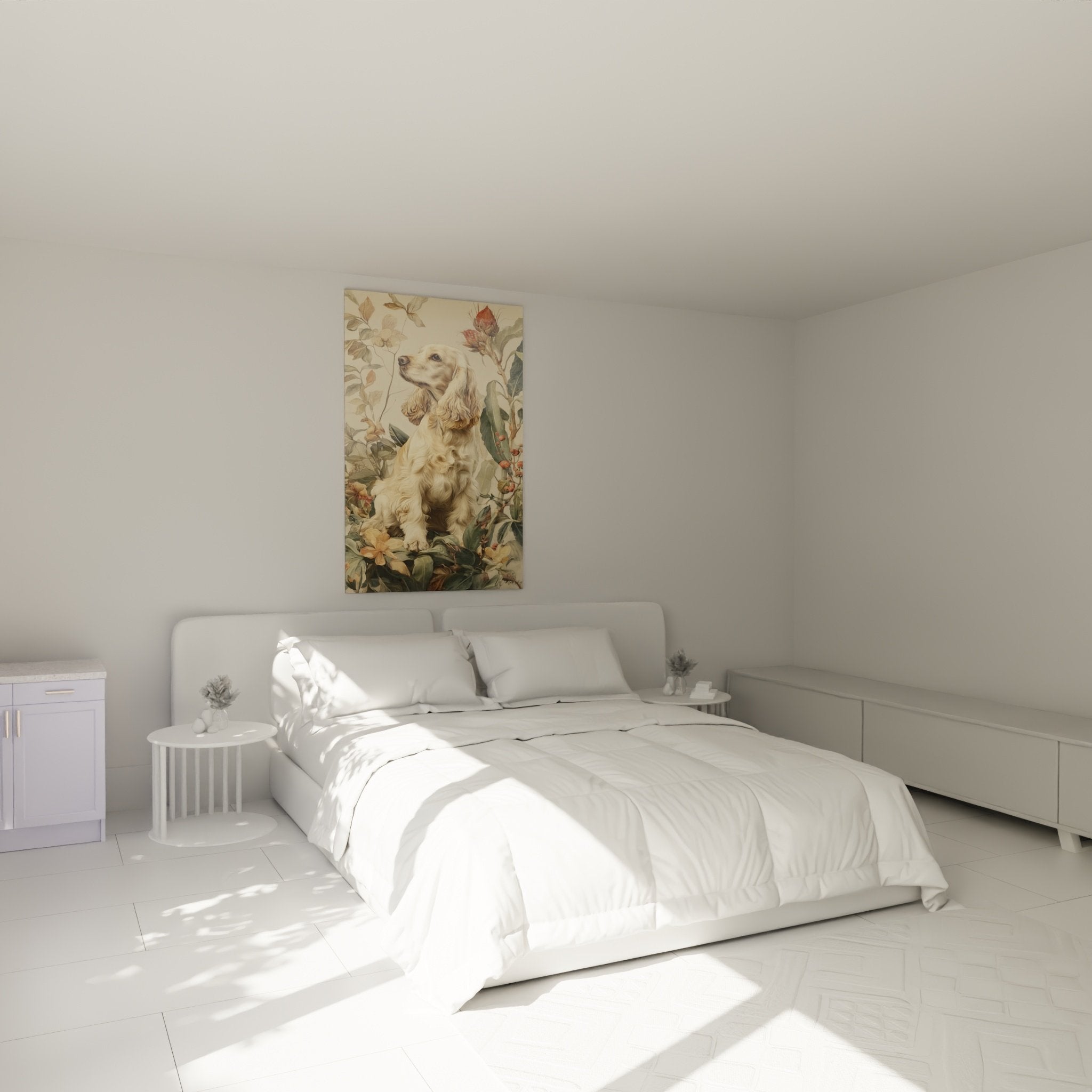 Décoration murale chambre avec Cocker Americain blond dans jardin botanique tons beiges et dorés