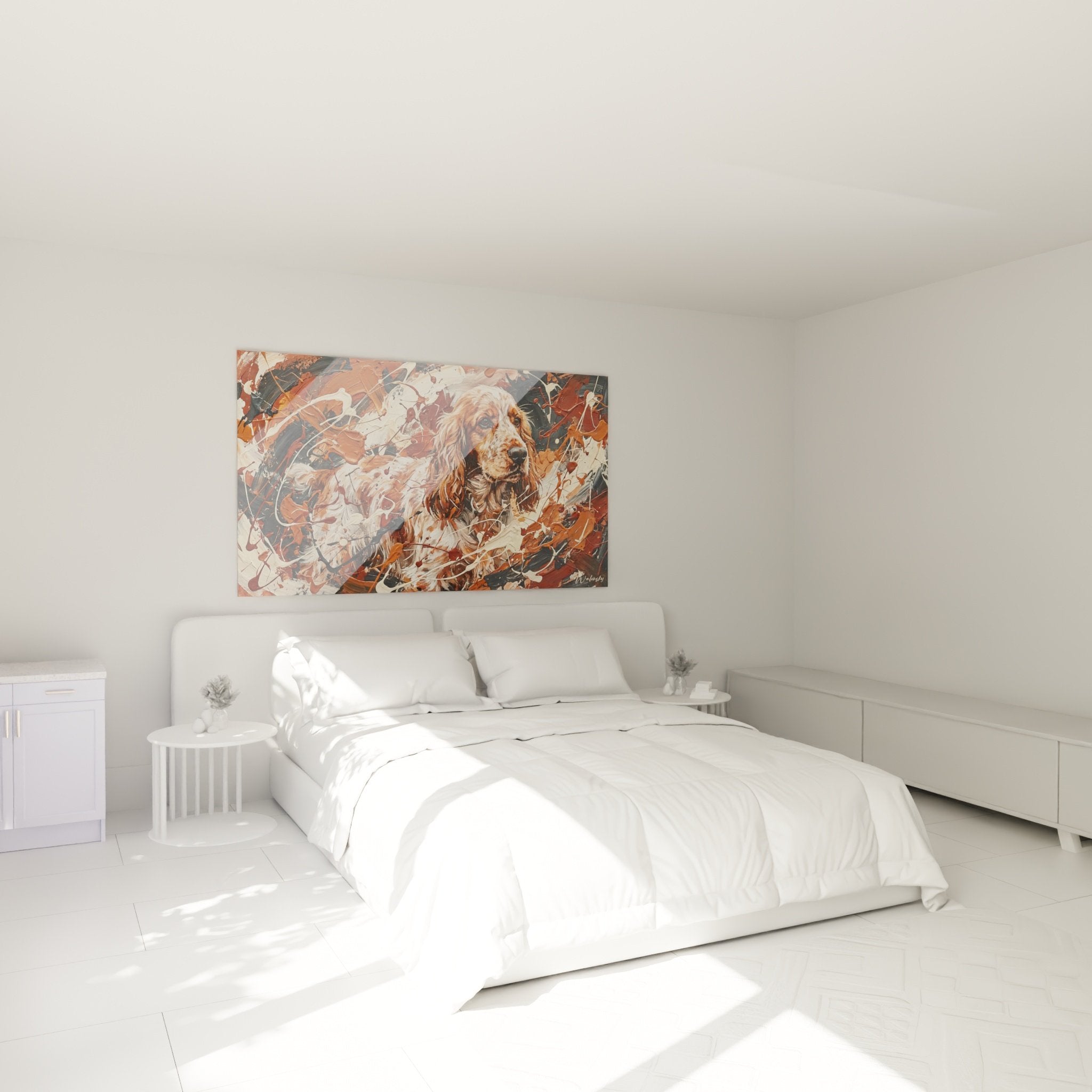 Decoration chambre tableau Cocker Anglais expressionniste couleurs chaudes ambiance artistique contemporaine