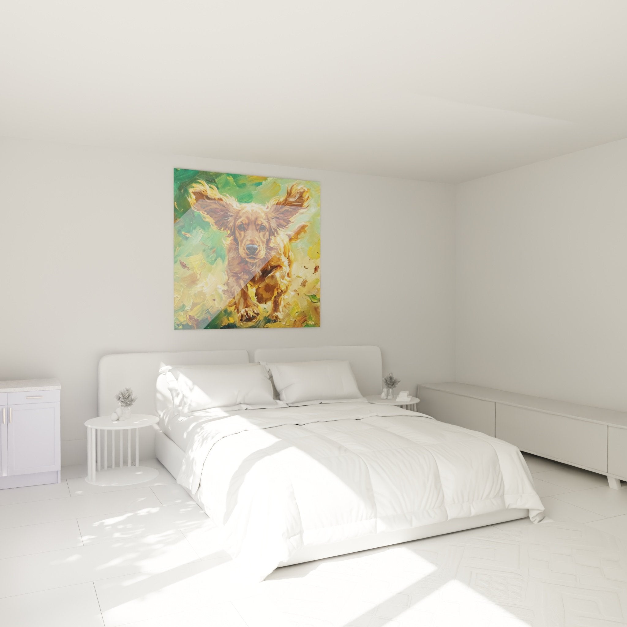 Deco chambre tableau Cocker Anglais dynamique couleurs chaudes vertes art mural canin contemporain