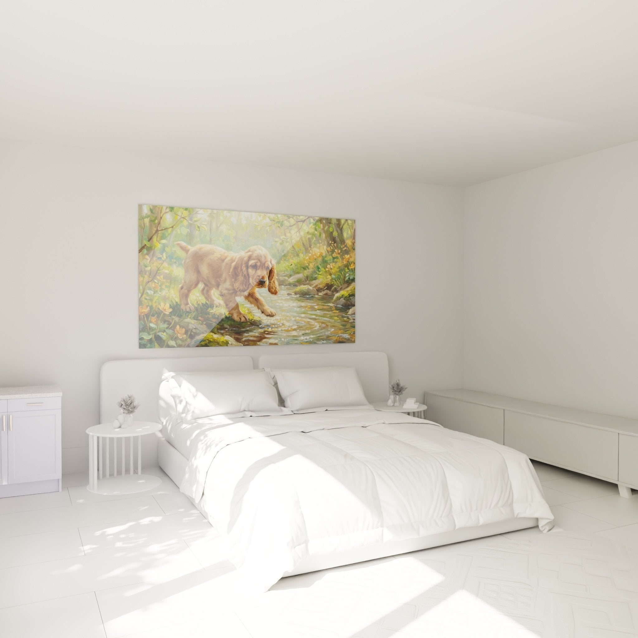 Schlafzimmer Dekoration Gemälde Cocker Spaniel Welpe golden Waldbach natürliche beruhigende Atmosphäre