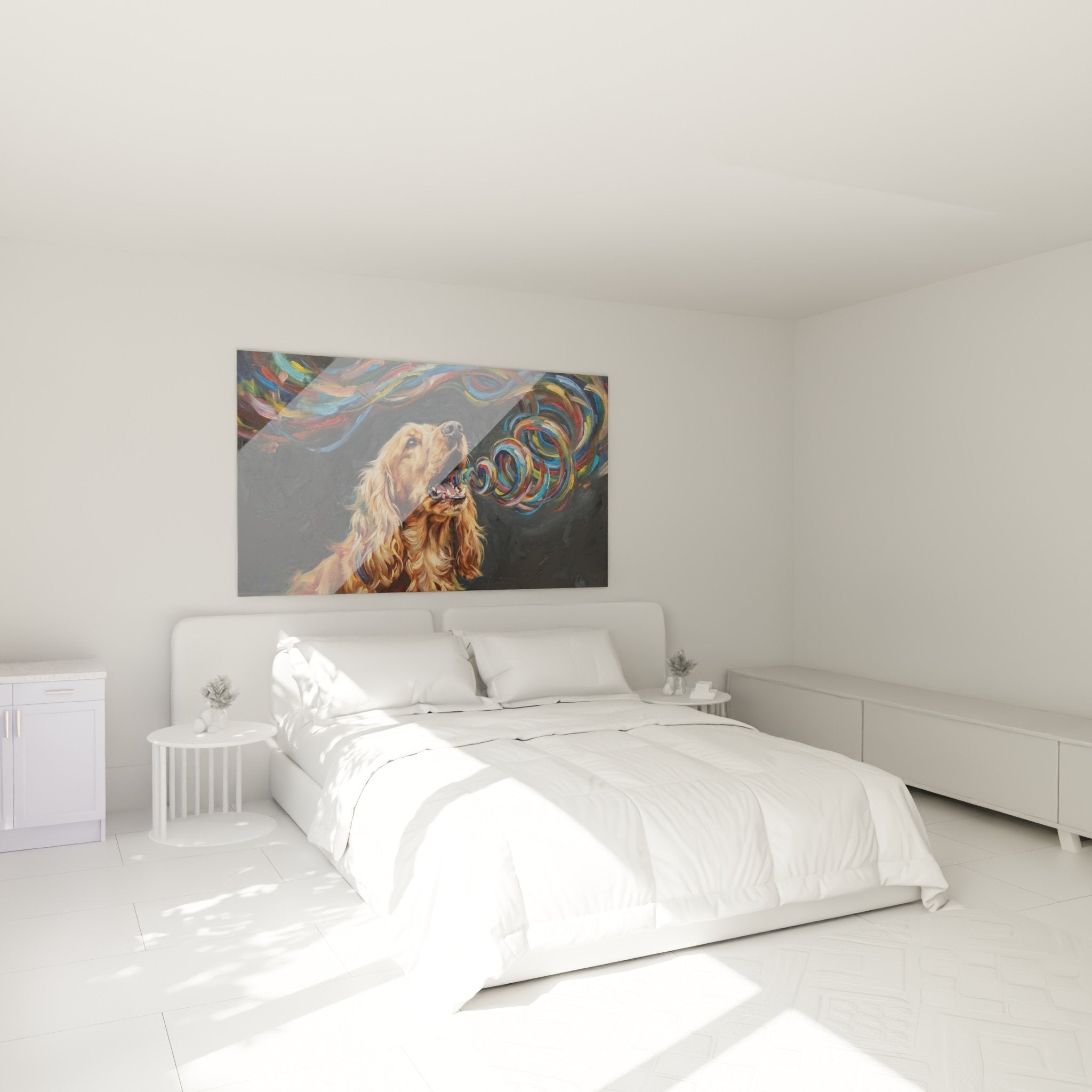 Deco chambre tableau chien dore tourbillons couleurs art mural contemporain