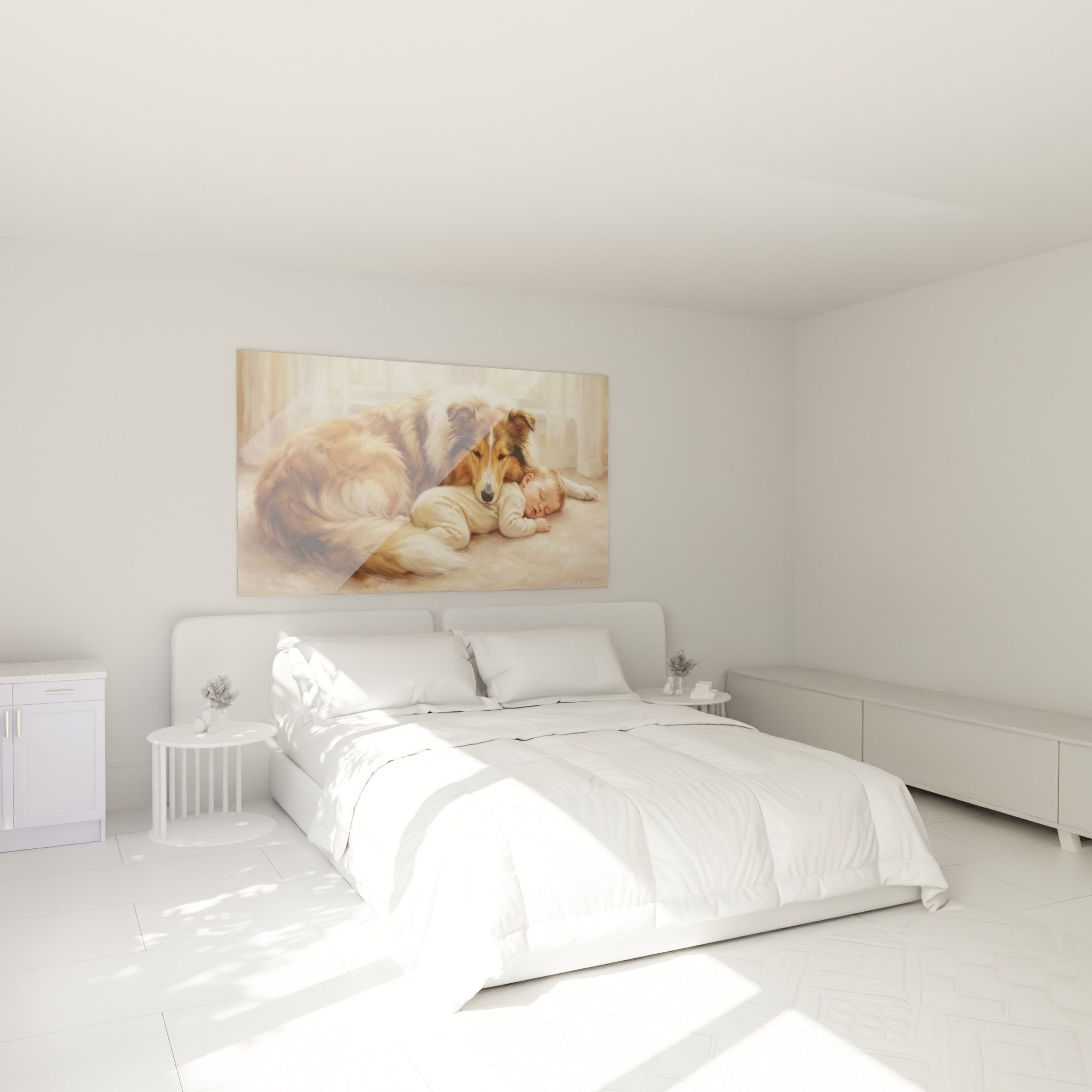 Décoration murale chambre avec Collie et bébé dormant créant une ambiance douce et rassurante