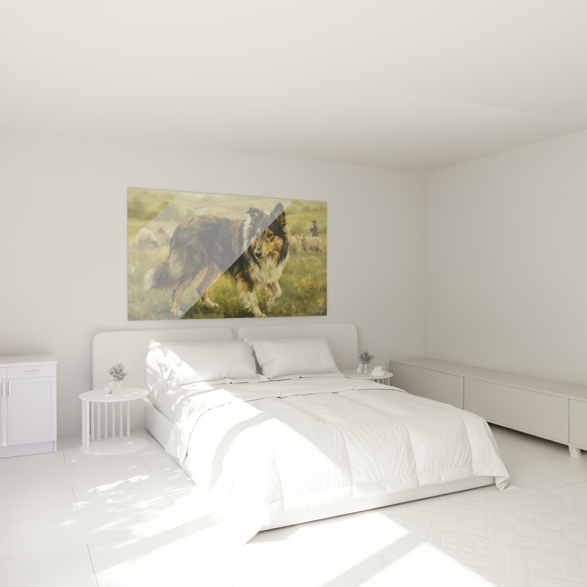 Deco chambre tableau chien berger collie tricolore ambiance pastorale tons chauds ocre dore