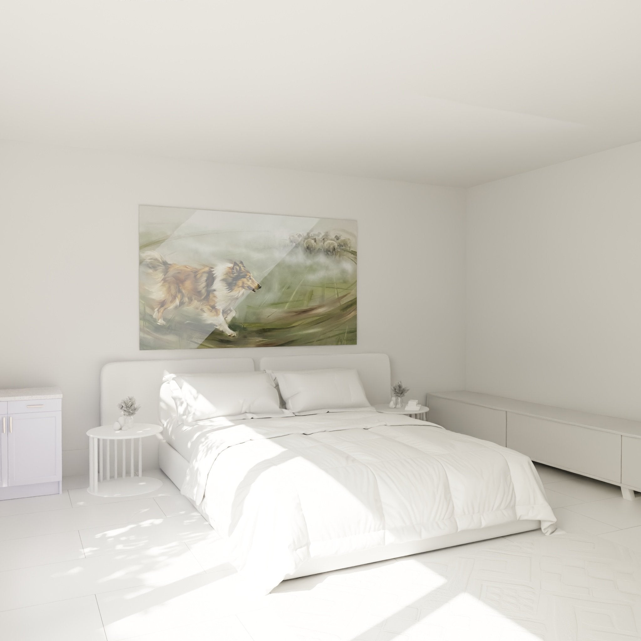 Decoration murale chambre Collie pastoral en mouvement tons terreux bruns verts ambiance nature