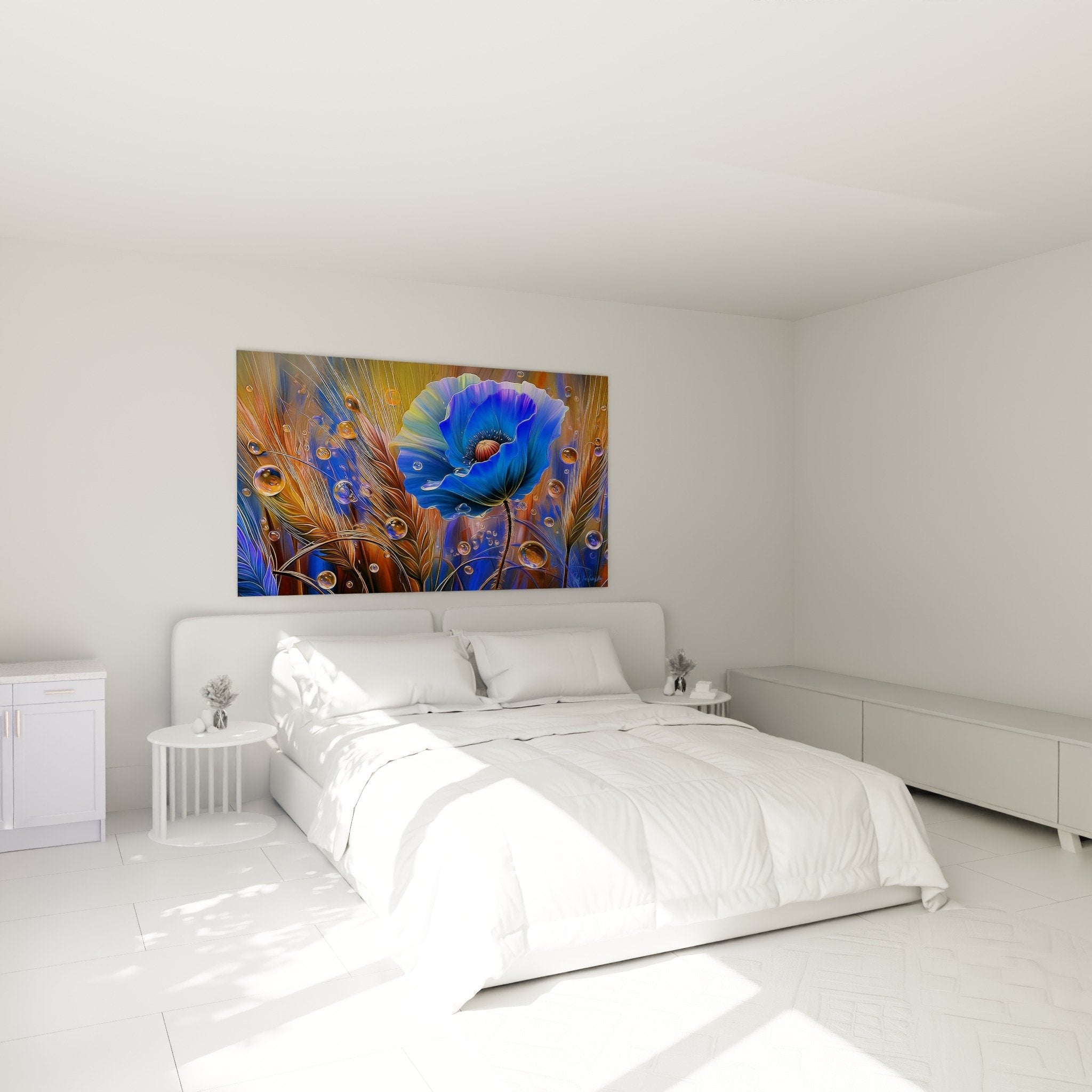 bedroom decoration poppy painting blue iridescent magical atmosphere transparent bubbles modern wall art