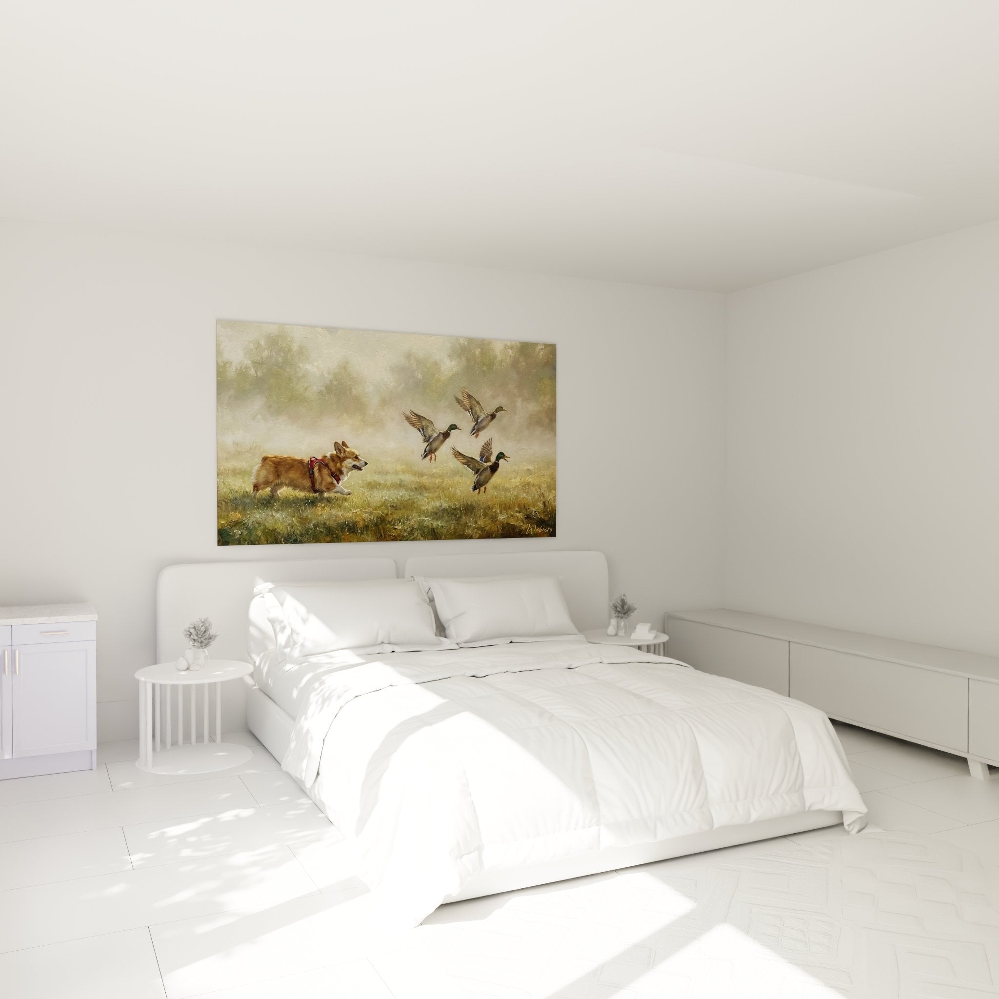 Wanddekoration Corgi in Action Ente jagen Szene gemütliches Schlafzimmer englischer Landlook