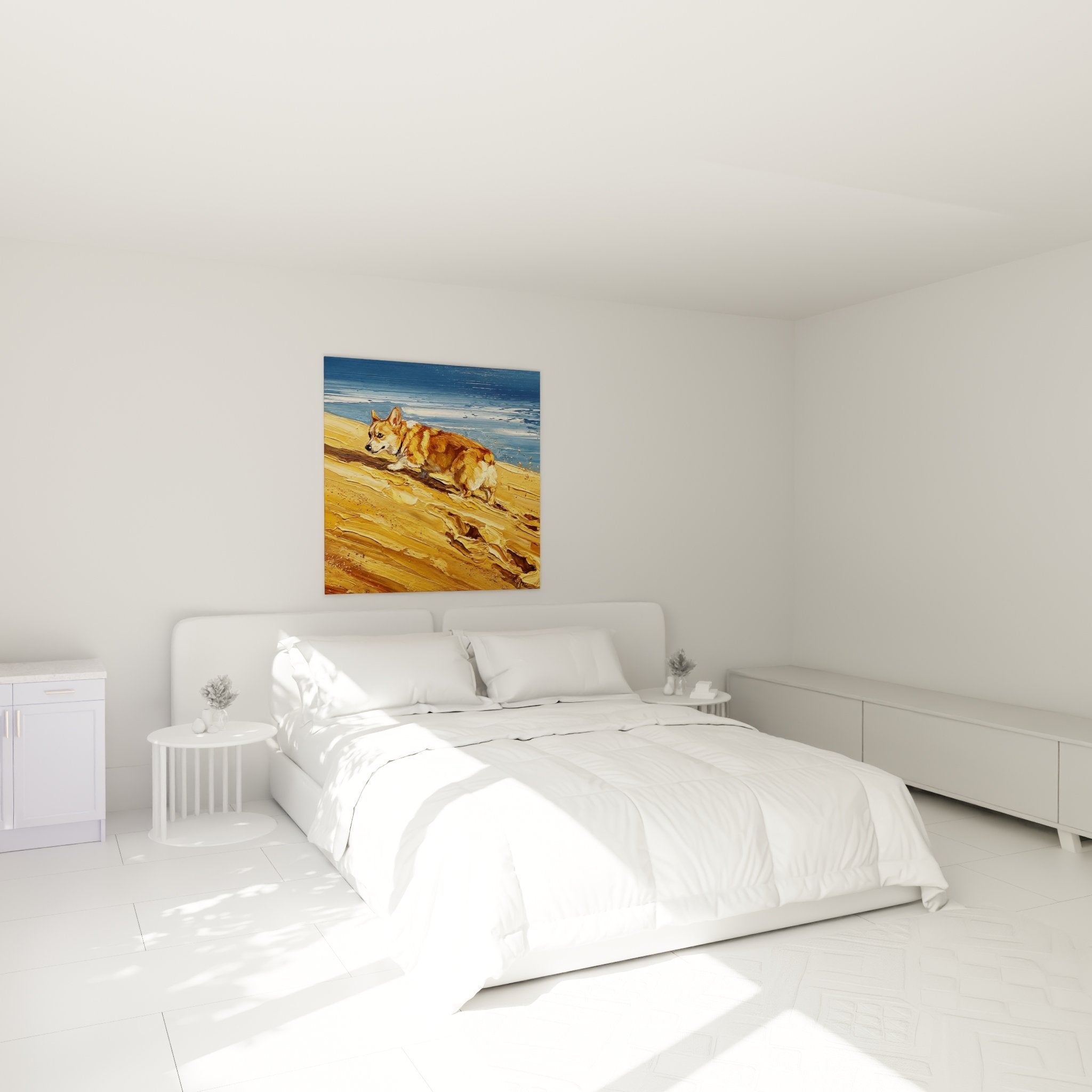 Schlafzimmer Deko Bild Corgi Pembroke Strand Sonnenuntergang beruhigende Atmosphäre goldene Töne