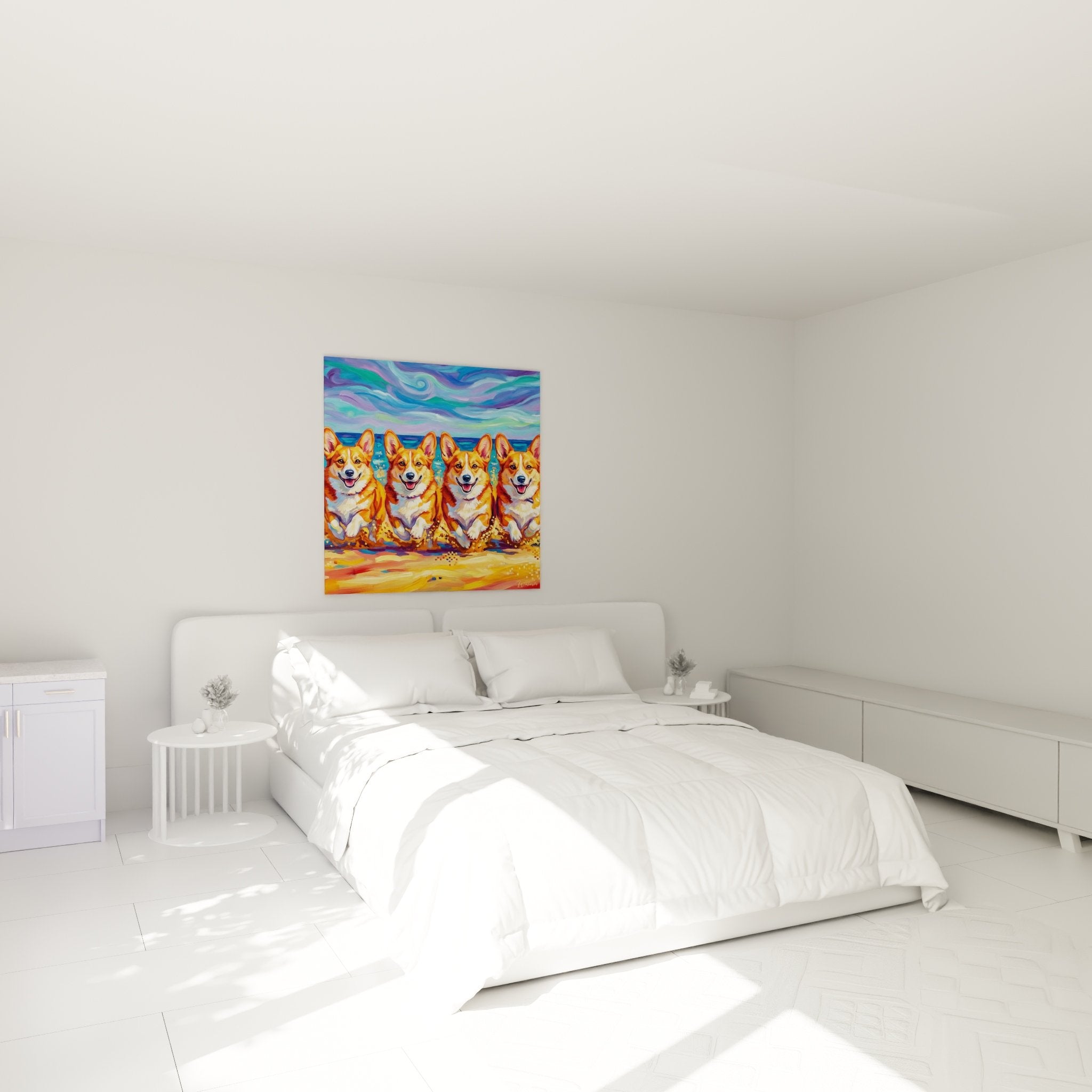 Wanddekoration Corgis Strand Schlafzimmer warme Atmosphäre lebendige Farben Violett Gold moderner Aufhänger