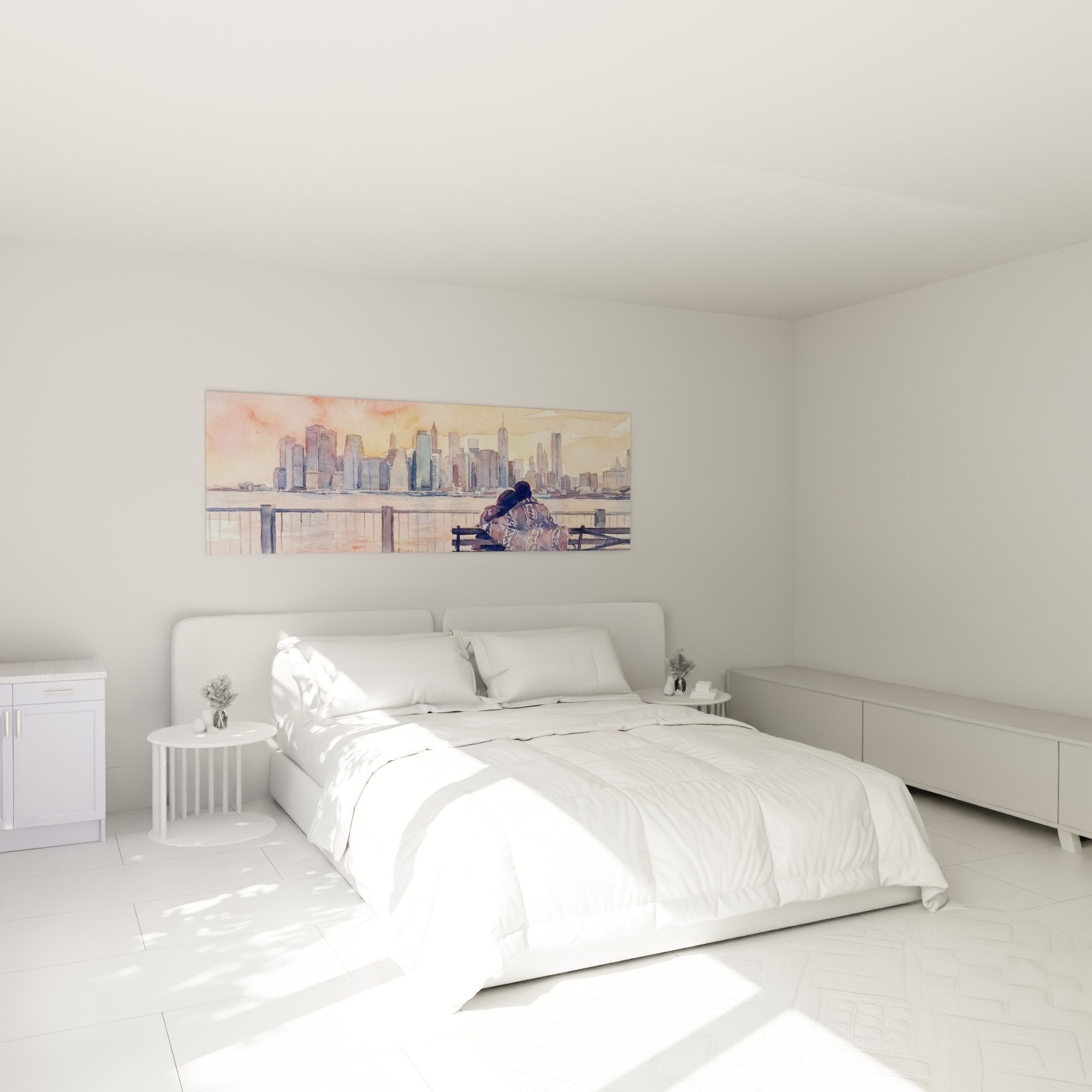 Tableau couple Brooklyn skyline aquarelle chambre decoration murale romantique tons pastel