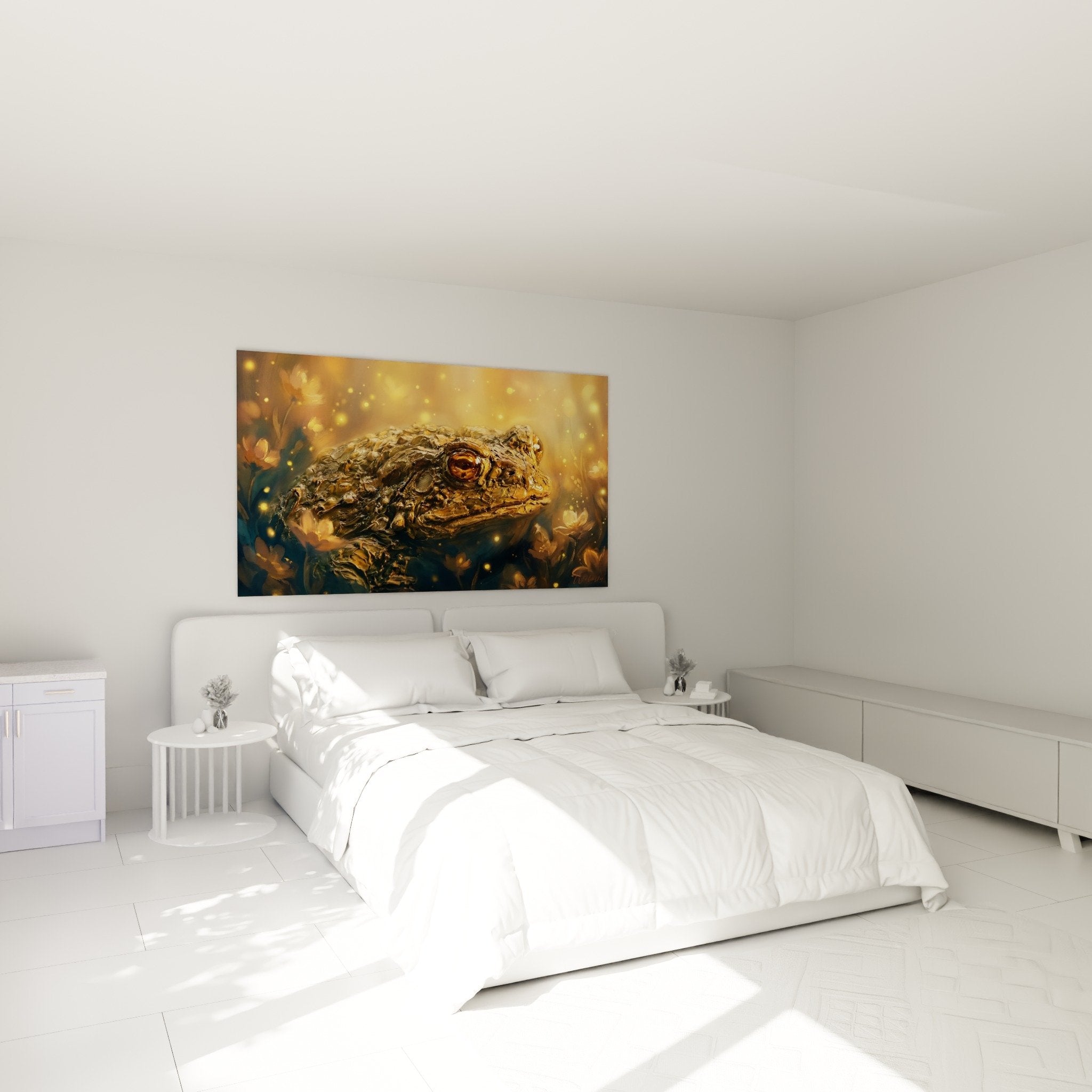 Mystisches Krötenbild in Gold- und Kupfertönen, das das Schlafzimmer mit warmer, natürlicher bohemischer Atmosphäre dekoriert
