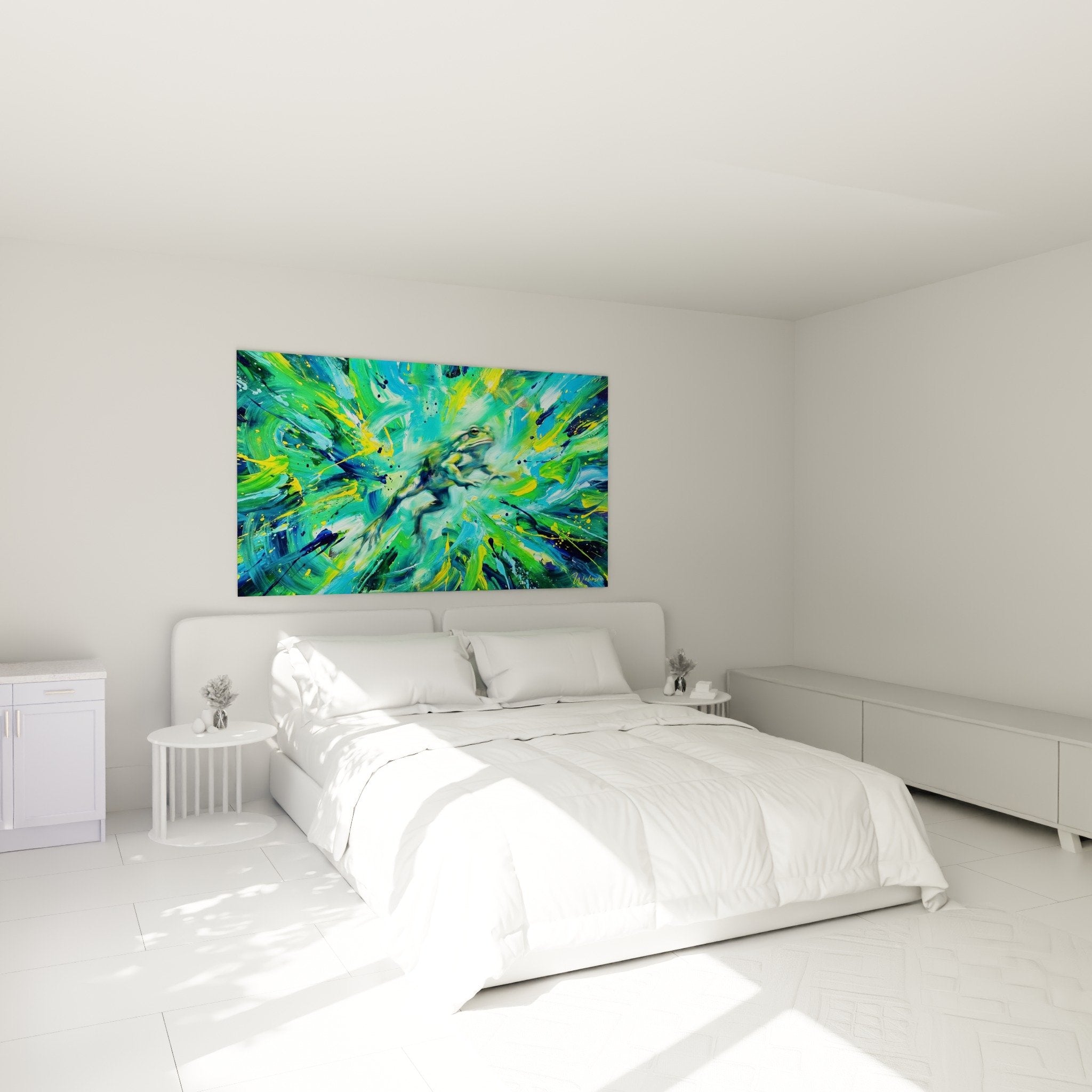 Wanddekoration expressionistischer Frosch modernes Schlafzimmer Gemälde grün türkis zeitgenössische Atmosphäre Frosch-Edition