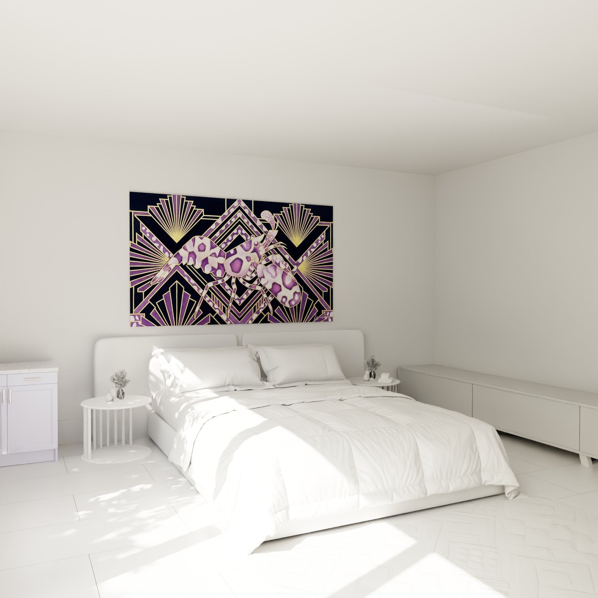 Wanddekoration Garnele Art-Déco Lila im modernen Schlafzimmer elegante Atmosphäre Garnelen-Edition