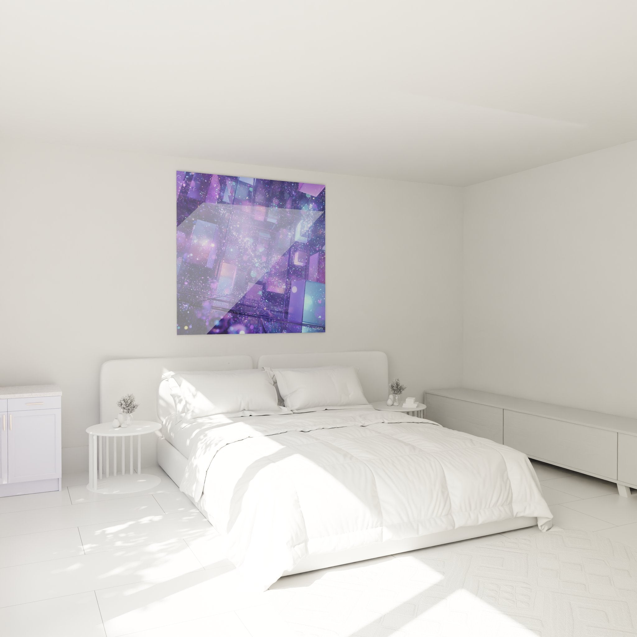 Décoration chambre tableau cubes cristallins cosmiques violets art futurisme abstrait ambiance moderne