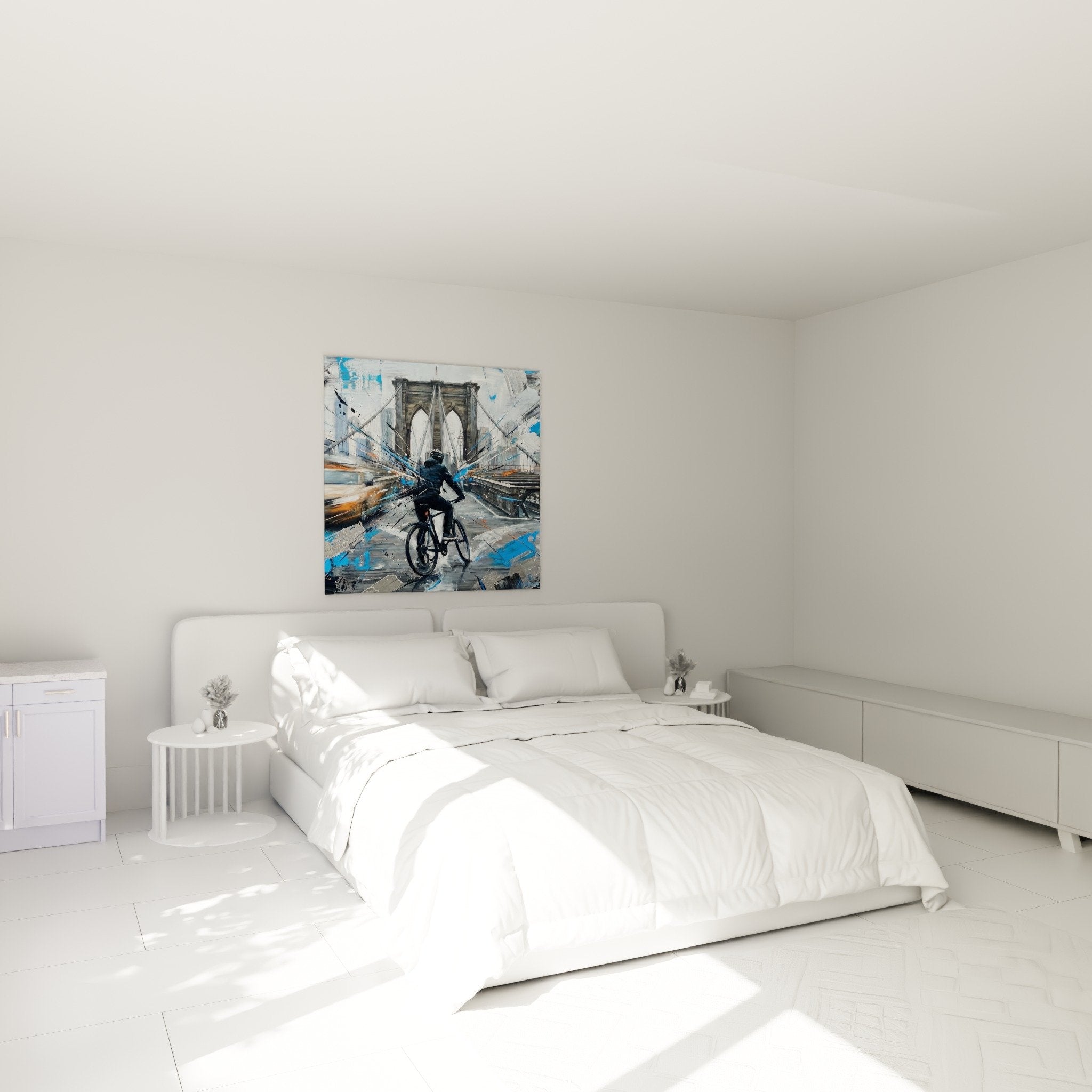 Wanddekoration Fahrrad Brooklyn modernes Schlafzimmer künstlerische blaue und graue Spritzer