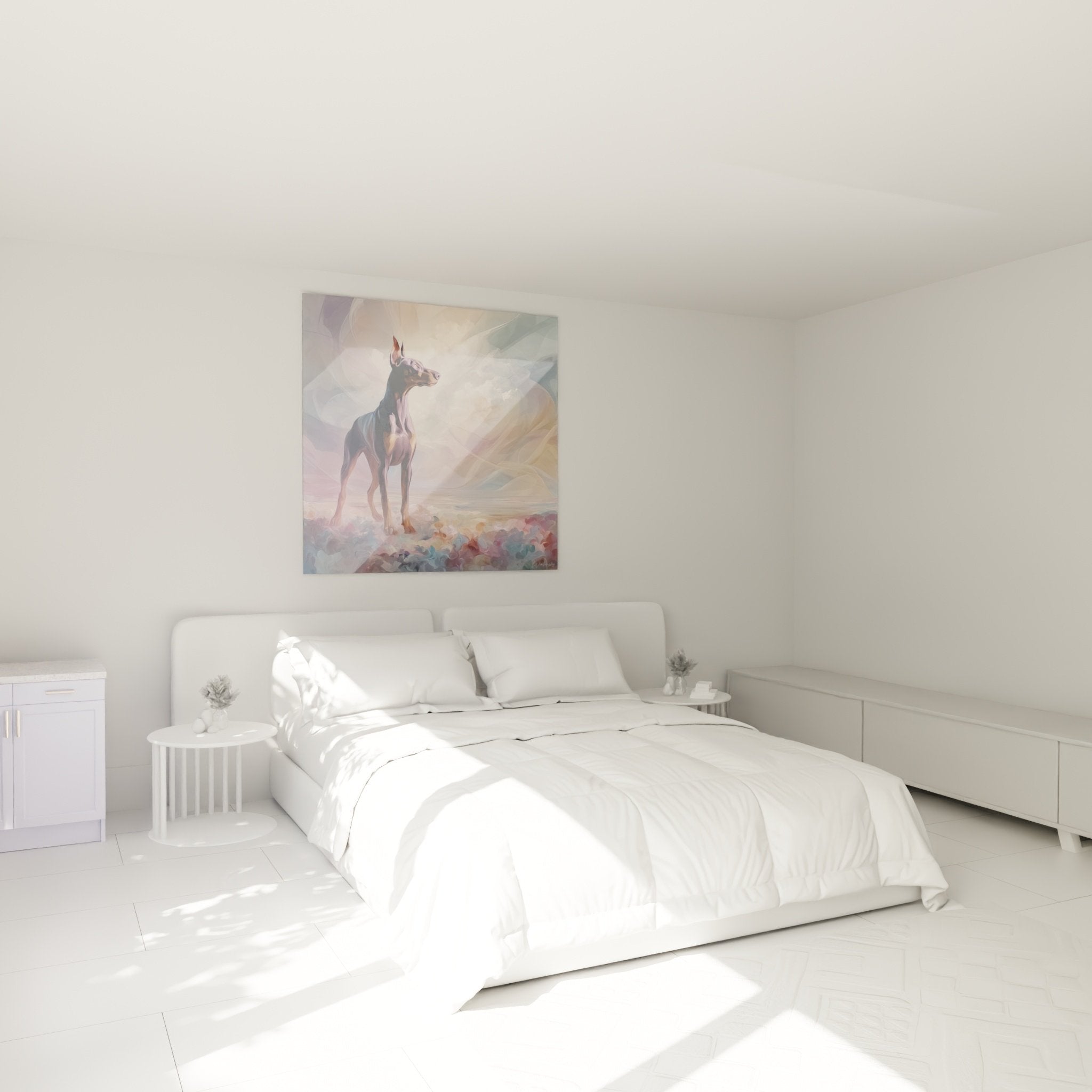 Doberman-Gemälde Pastellwolken dekoriert modernes Schlafzimmer weiße Wände ruhige und elegante Atmosphäre