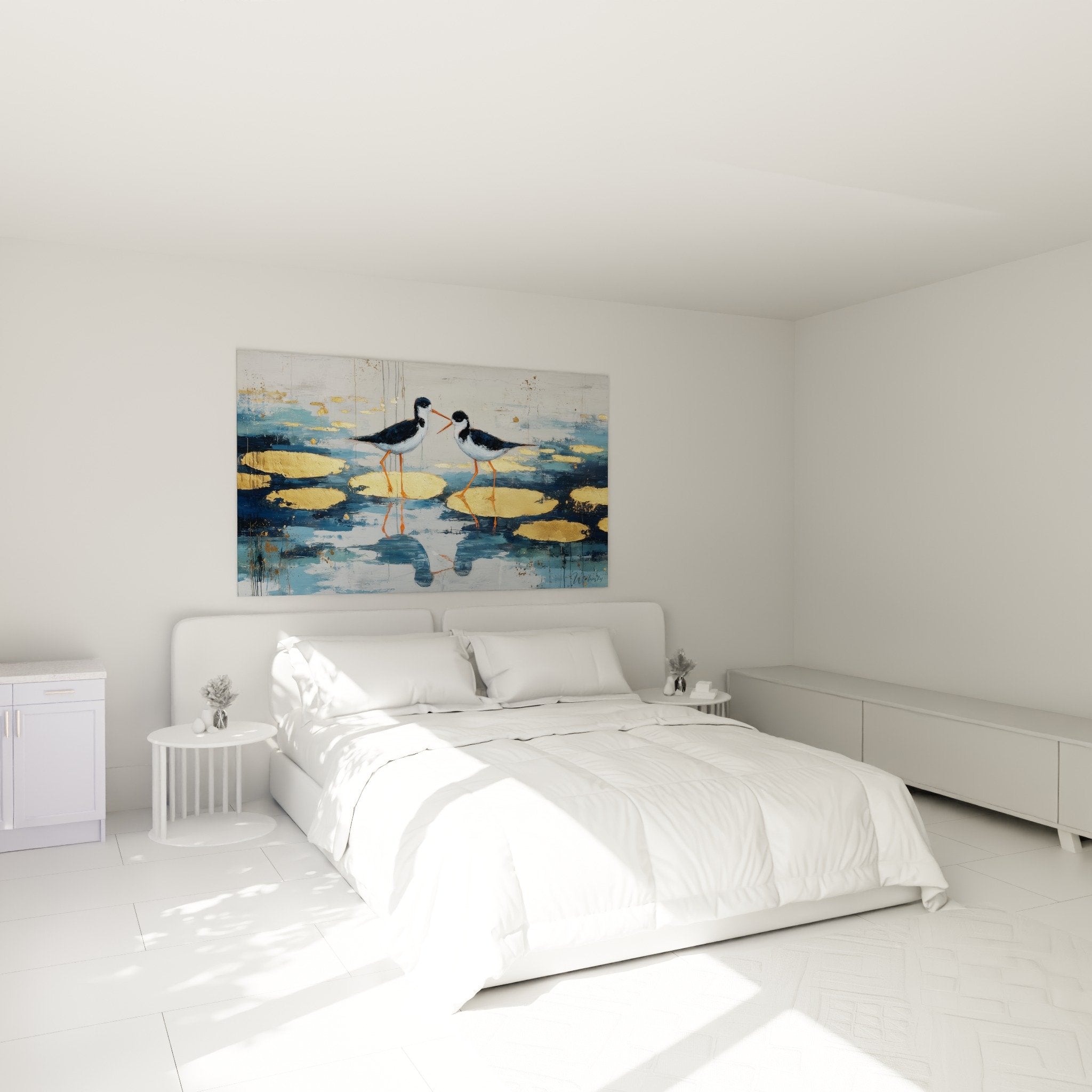 Decoration chambre tableau echassiers bleus dores ambiance apaisante feng shui nord eau au mur