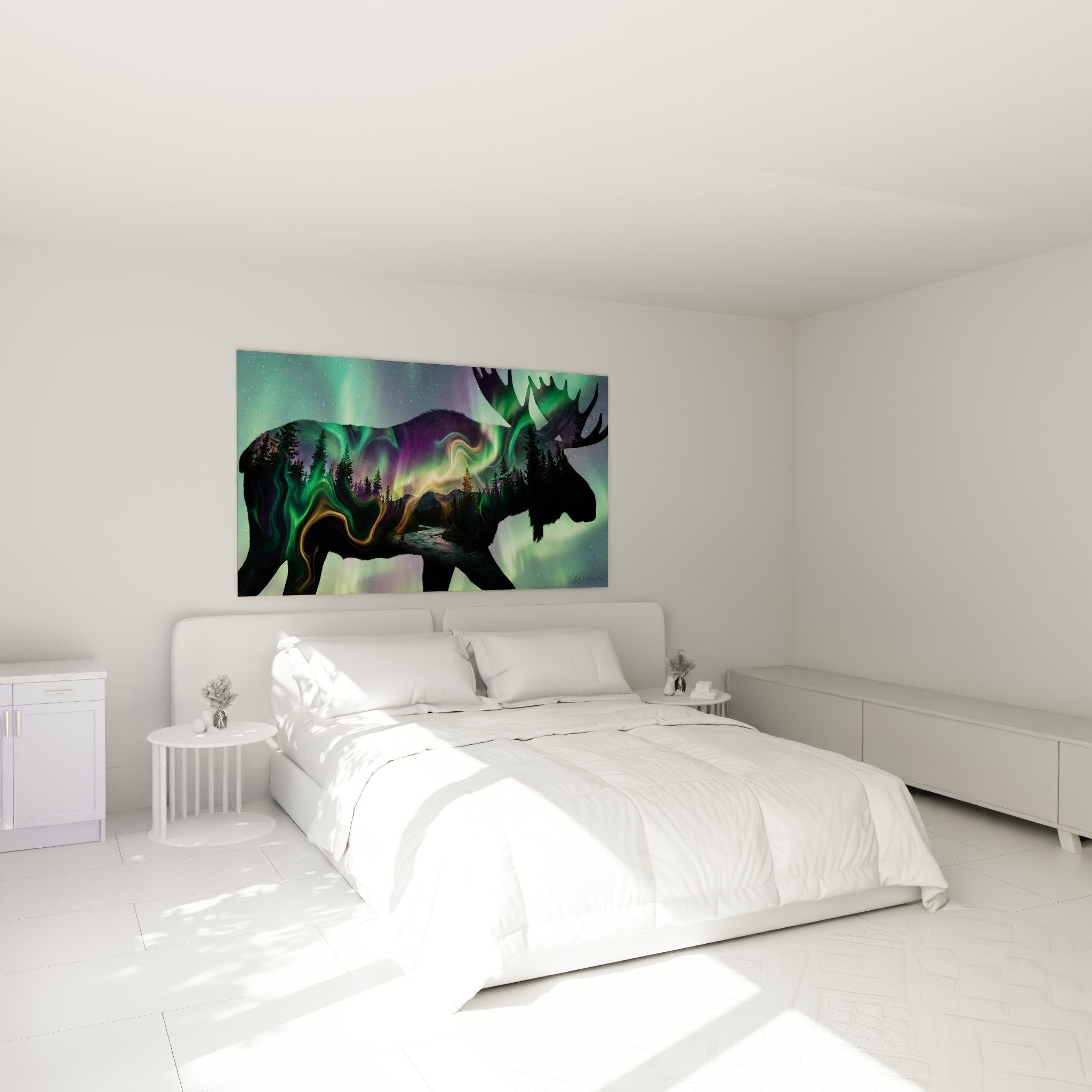 Décoration murale élan aurores boréales chambre ambiance nordique tableau moderne