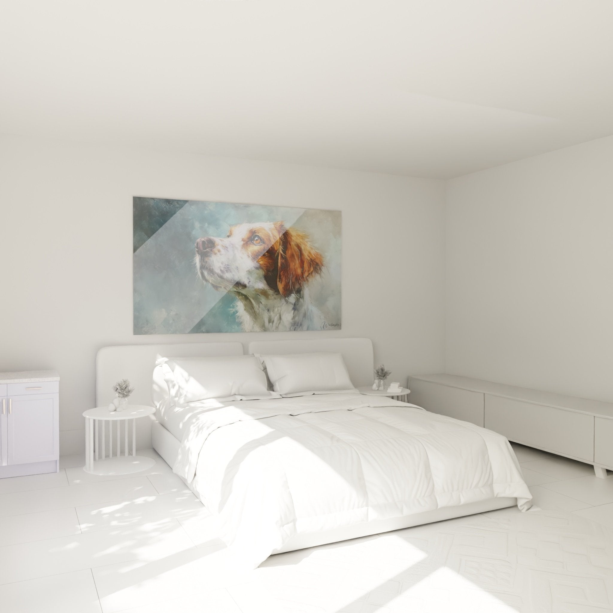Decorazione camera quadro spaniel bretone contemplativo tonalità calde atmosfera rilassante