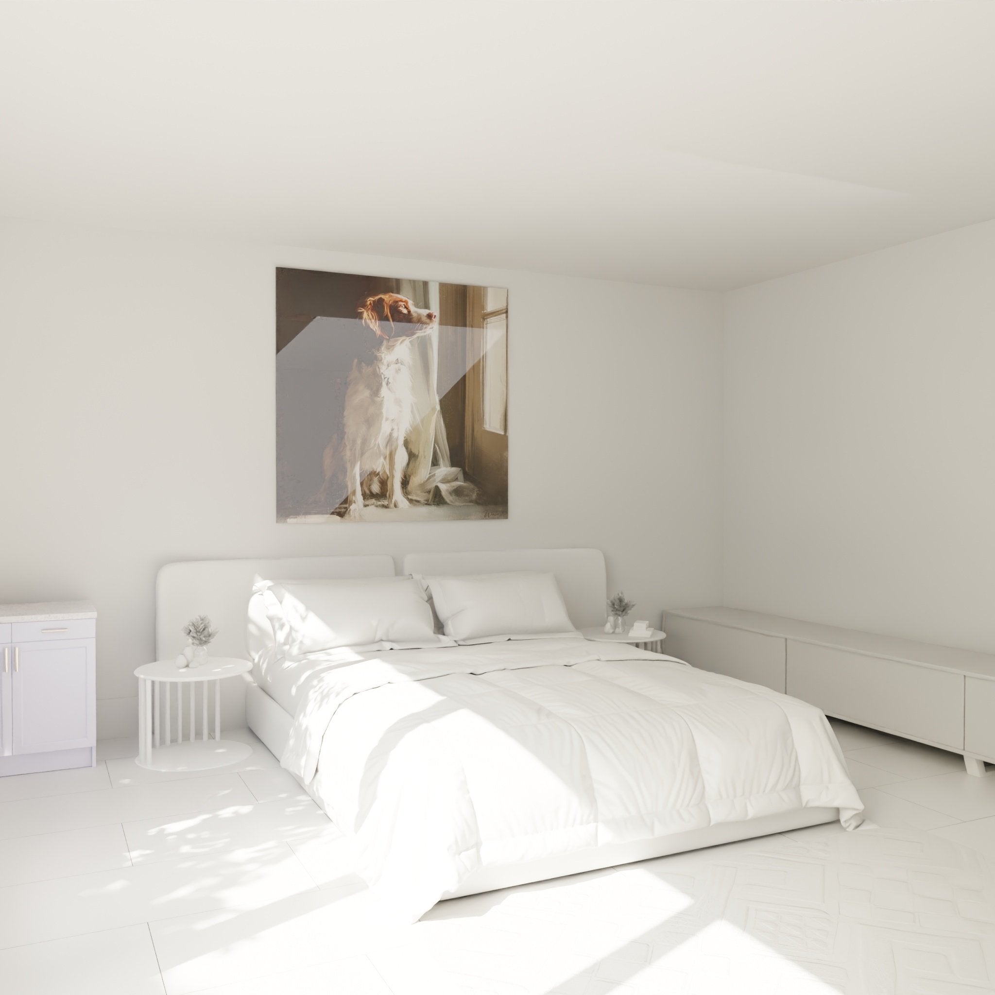 Decorazione camera da letto con quadro Epagneul Breton contemplativo che crea un'atmosfera serena e accogliente