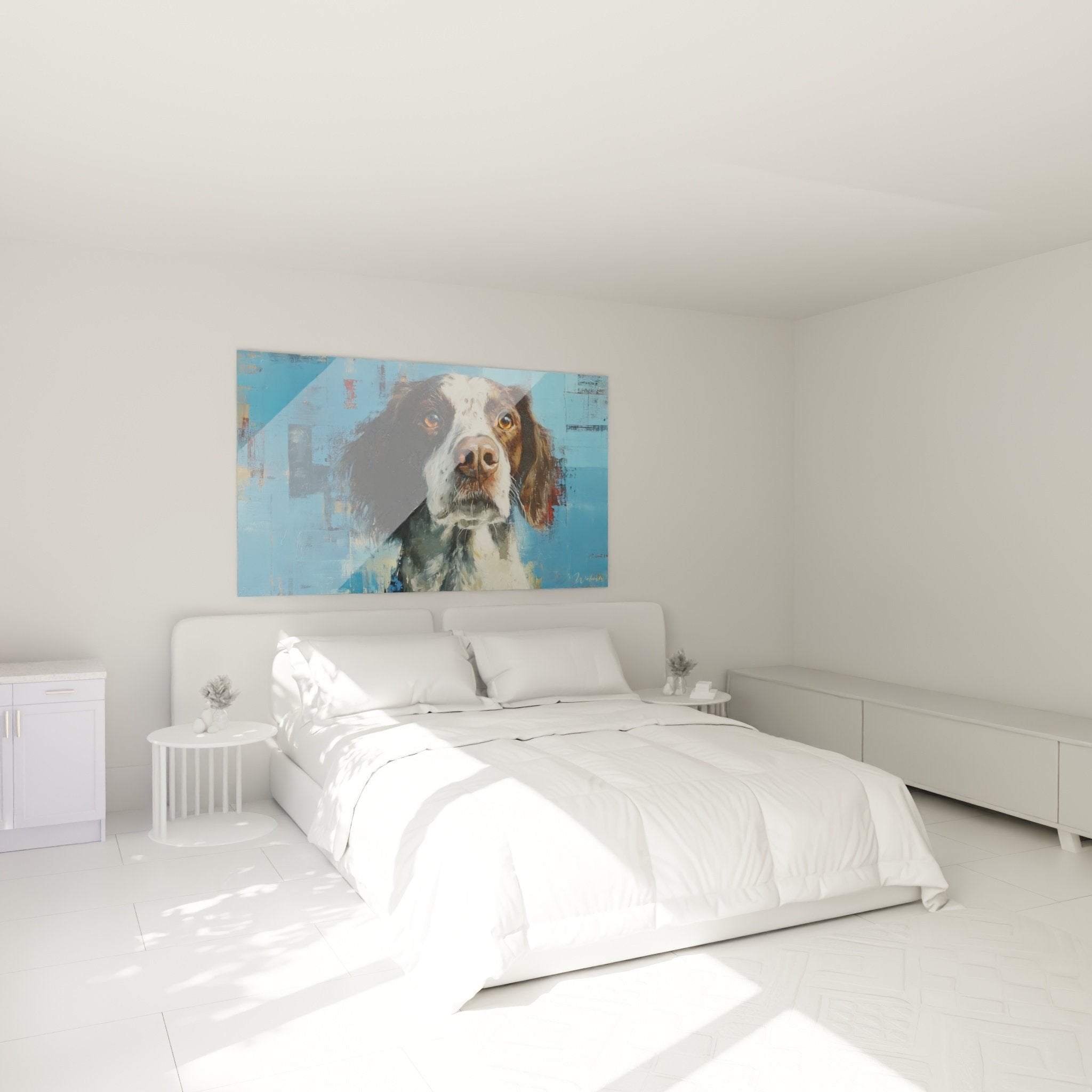 Schlafzimmer Dekoration Gemälde Bretone Spaniel bernsteinfarbene Augen weiße Wand gemütliche warme Atmosphäre Tierkunst