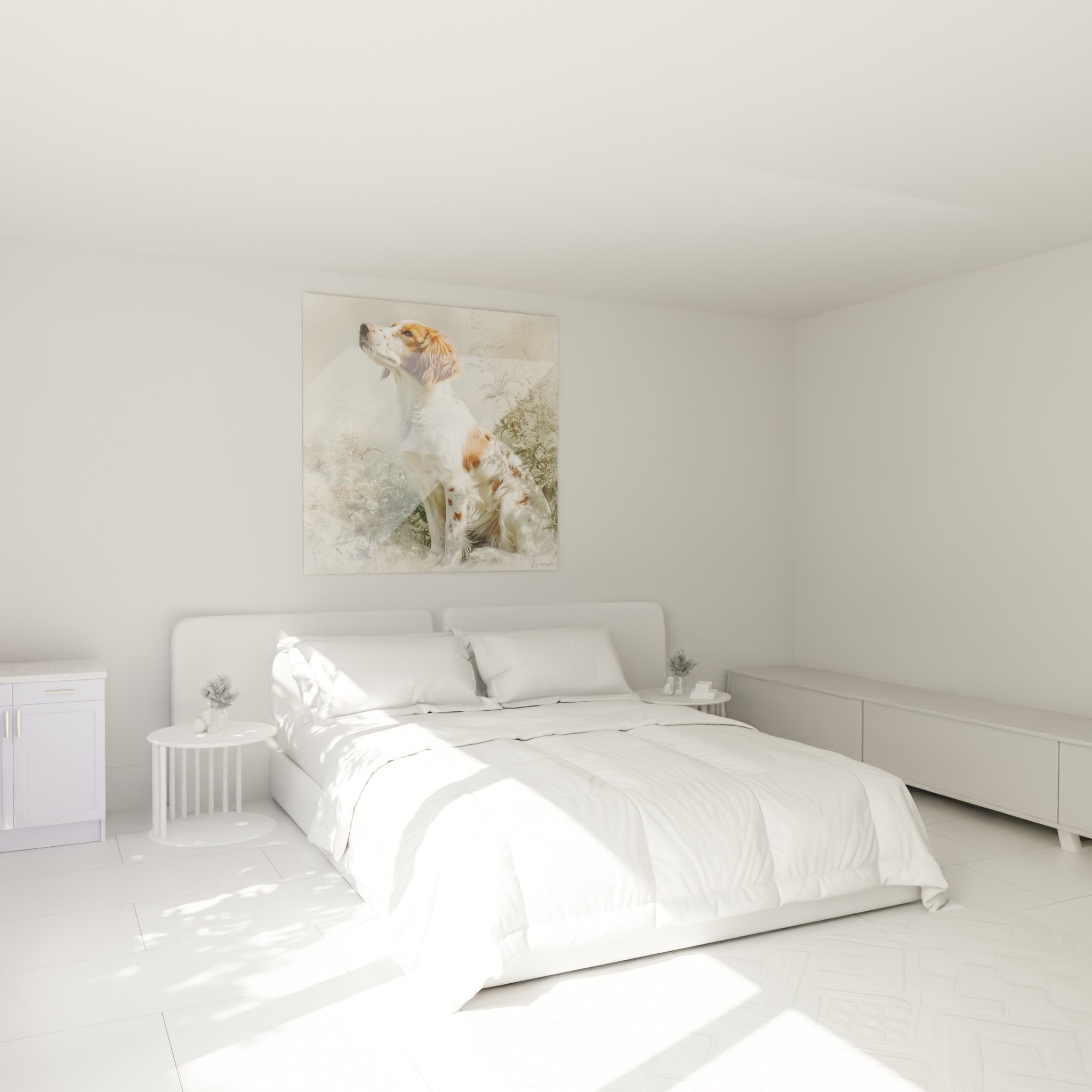Brittany spaniel decorative wall art bedroom cosy ambiance white and rust dog sitting meadow soothing natural tones