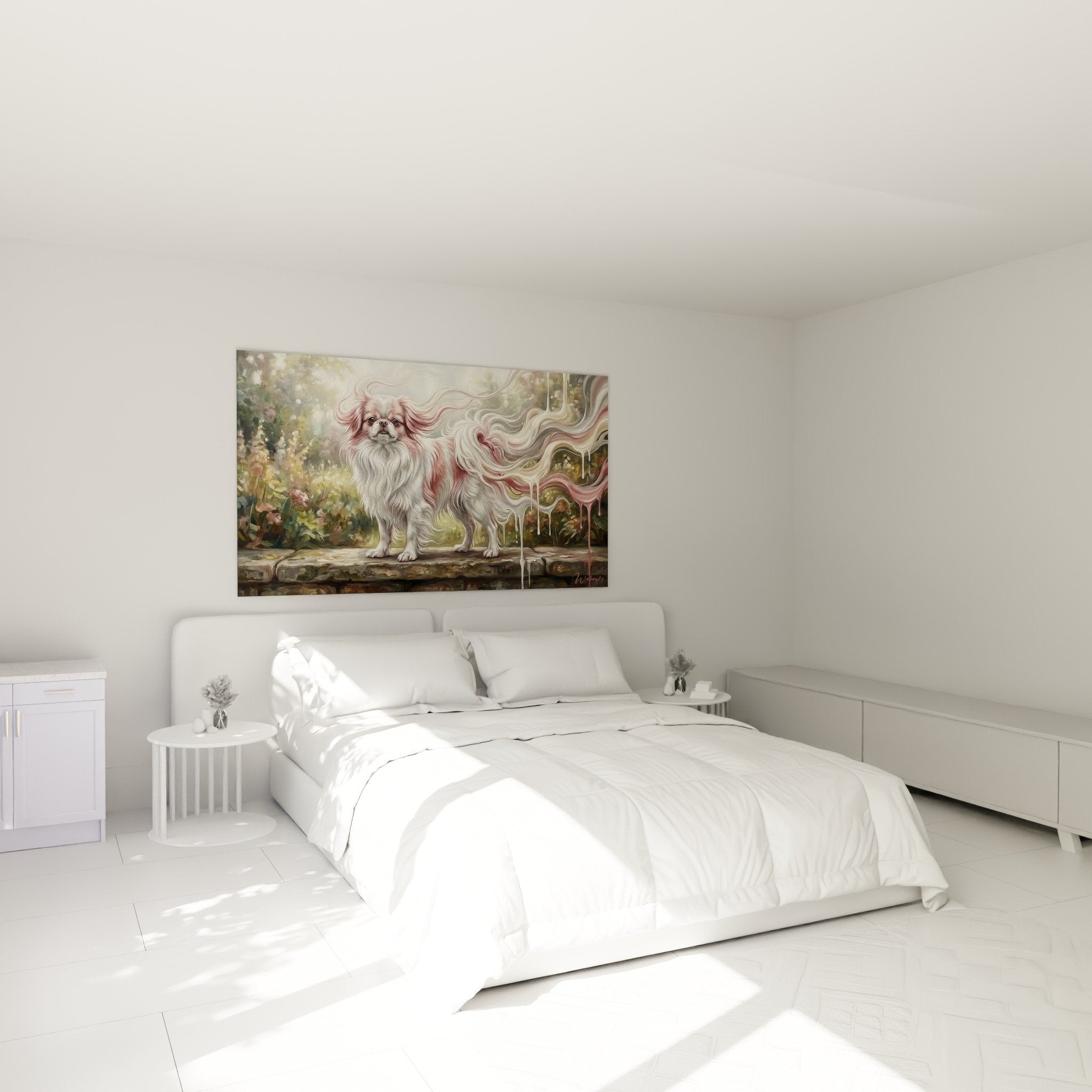 Decoration murale chambre Epagneul Japonais couleurs pastel roses ambiance romantique moderne