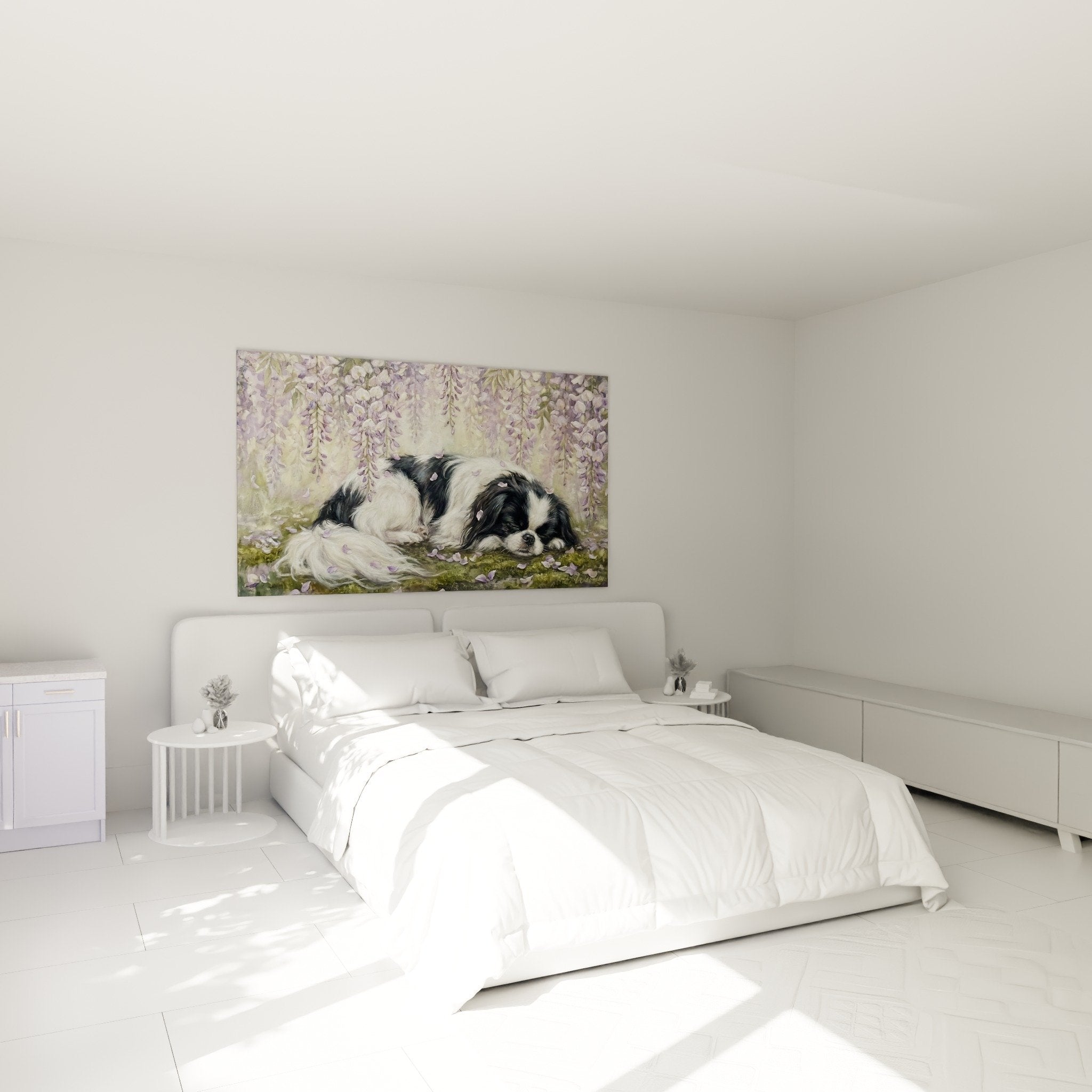 Japanese spaniel wall decoration bedroom wisteria, soothing atmosphere soft lilac white green colors