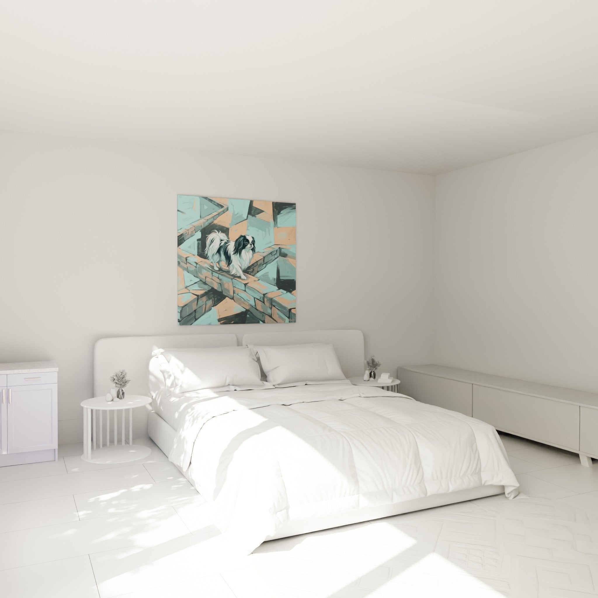 Wanddekoration japanischer Spaniel Türkis-Koralltöne modernes Schlafzimmer Design Atmosphäre