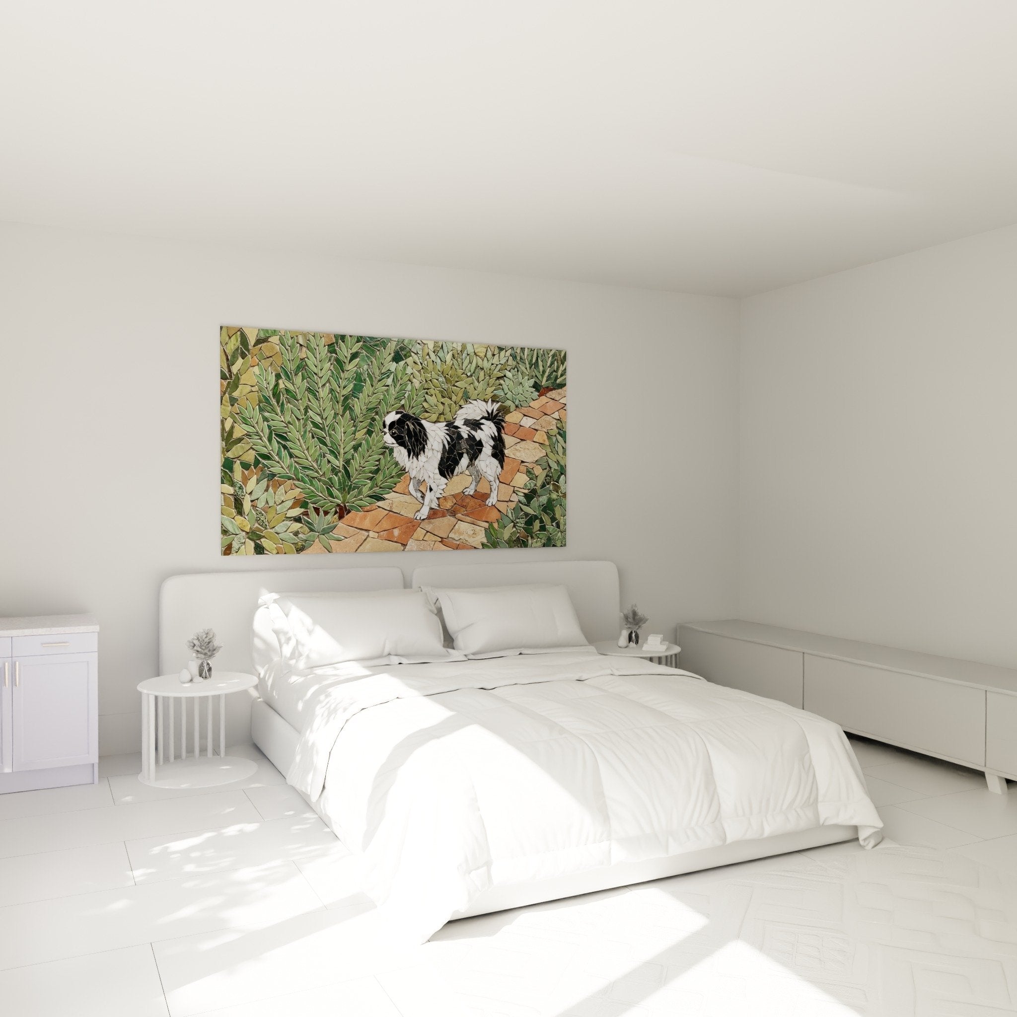 Decoration murale epagneul japonais chambre ambiance zen tableau mosaique chien elegant pierre ocre feuillage