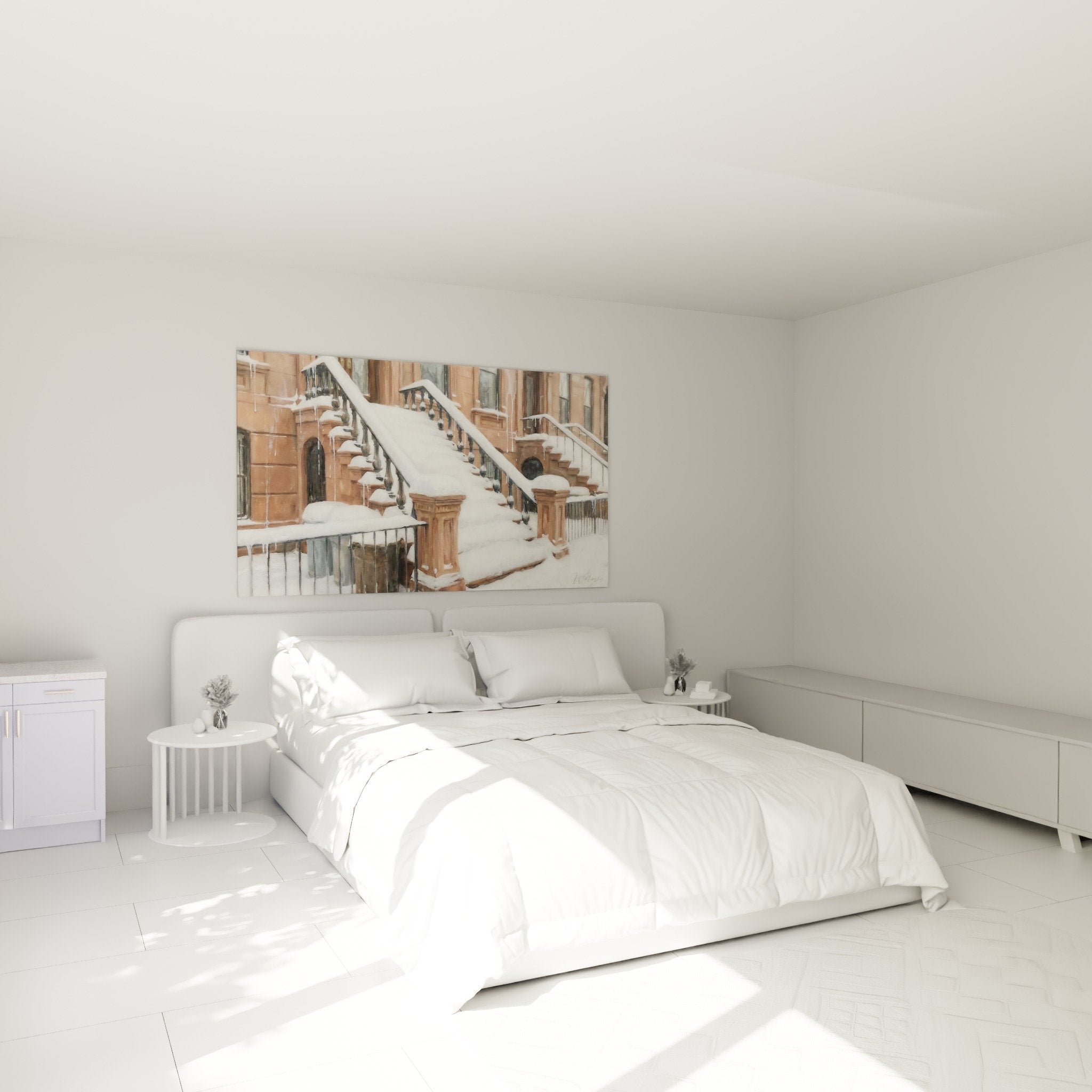 Decoration murale escaliers neiges Brooklyn chambre ambiance hivernale cosy tons chauds