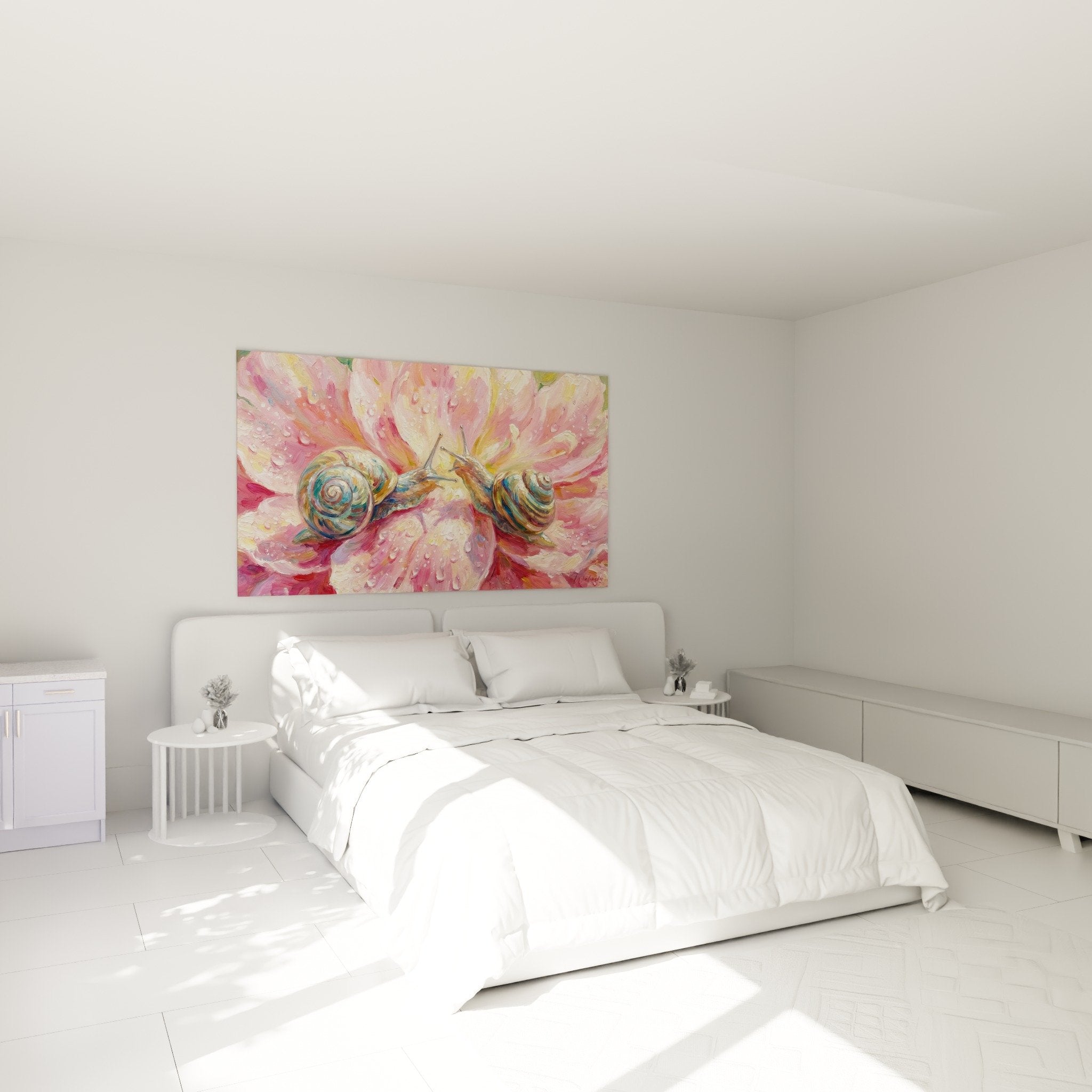Schnecken-Wandbild mit rosa Blume im Schlafzimmer, sanfte und beruhigende Wanddekoration