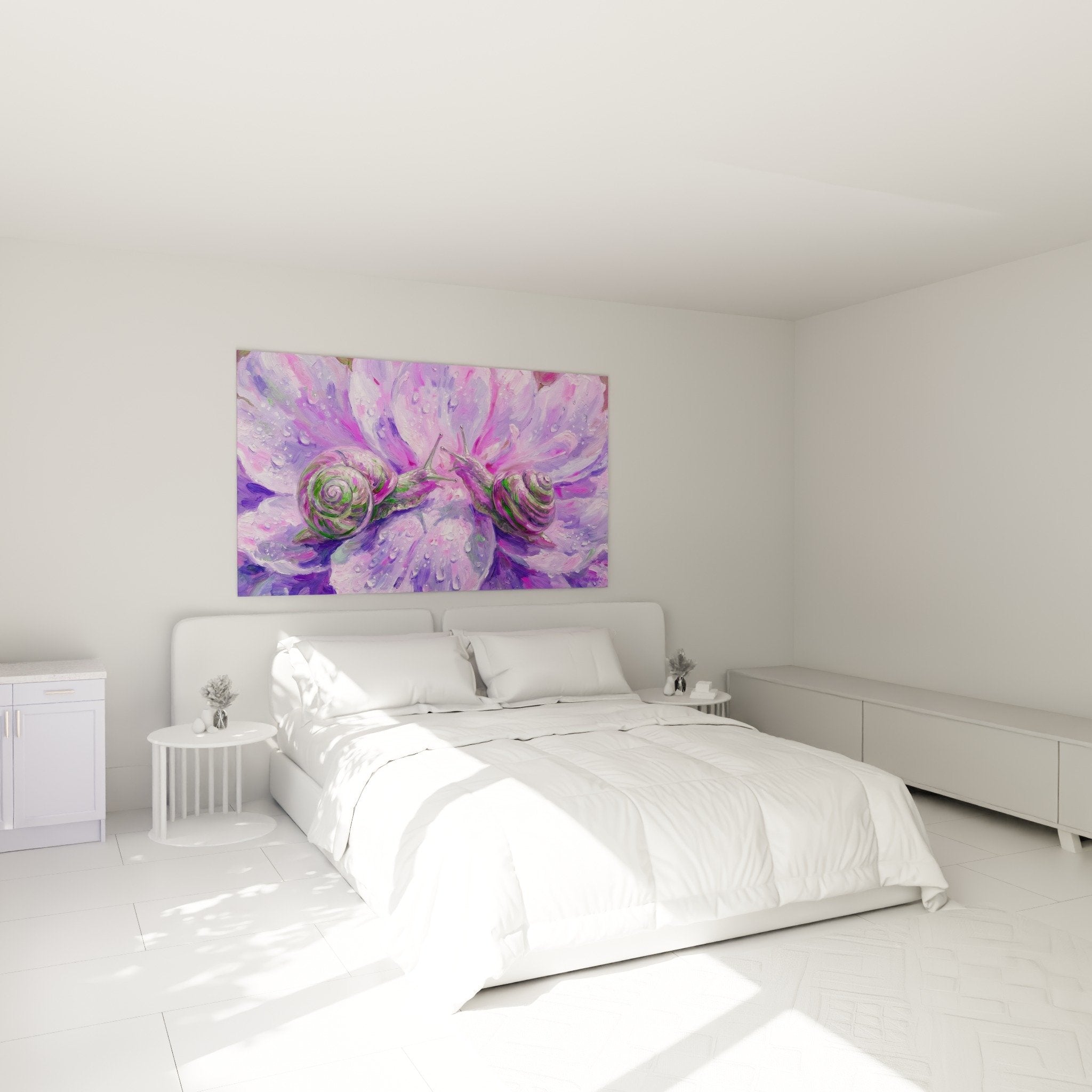 Wanddekoration romantische Schnecken violett rosa im modernen Schlafzimmer sanfte und feminine Atmosphäre
