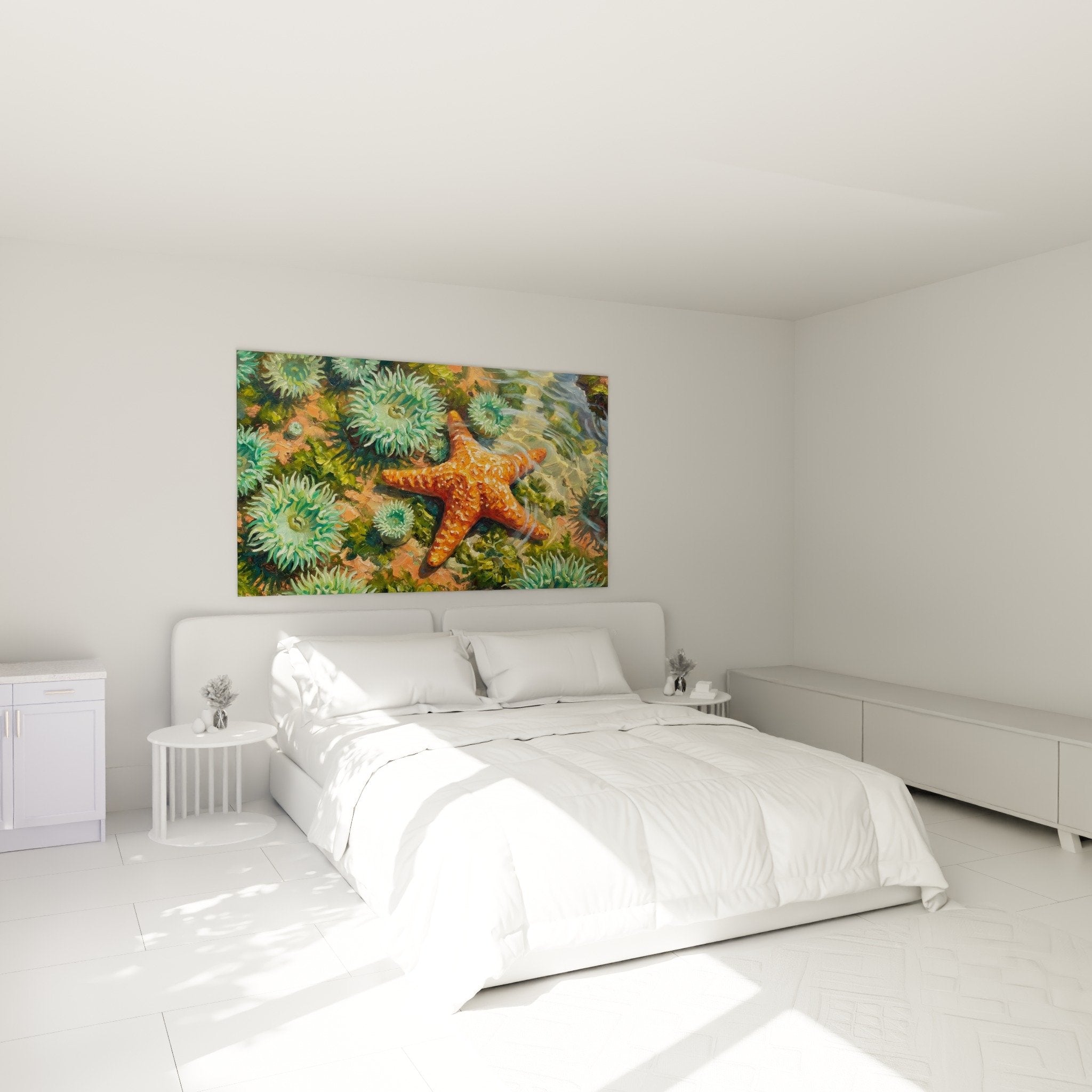 Bild mit orange Seestern im Schlafzimmer, Wanddekoration mit Meeresmotiv, beruhigende Atmosphäre, Ozeanfarben