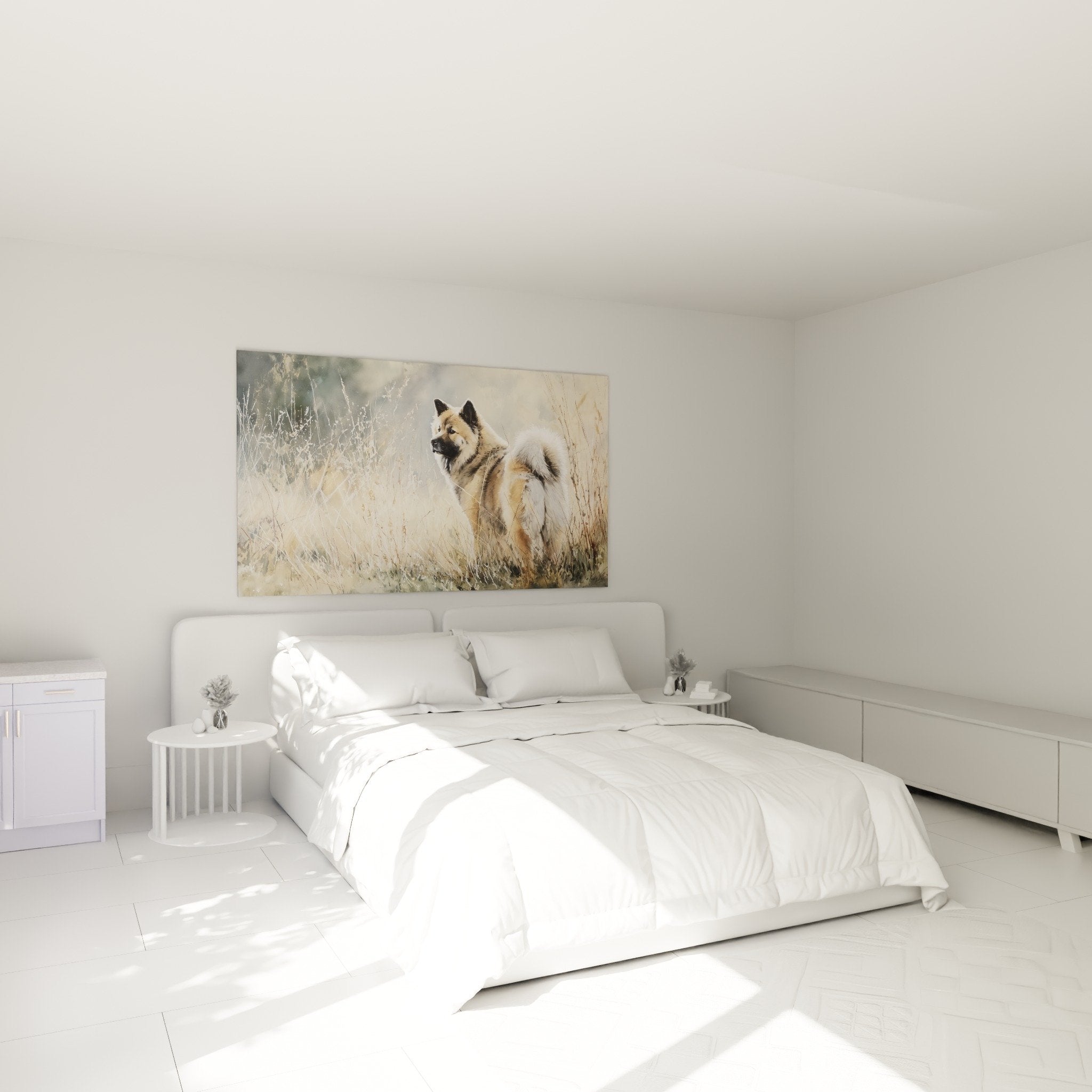 Schlafzimmerdeko mit Eurasier Aquarell Gemälde warme Töne gemütliche natürliche beruhigende Atmosphäre