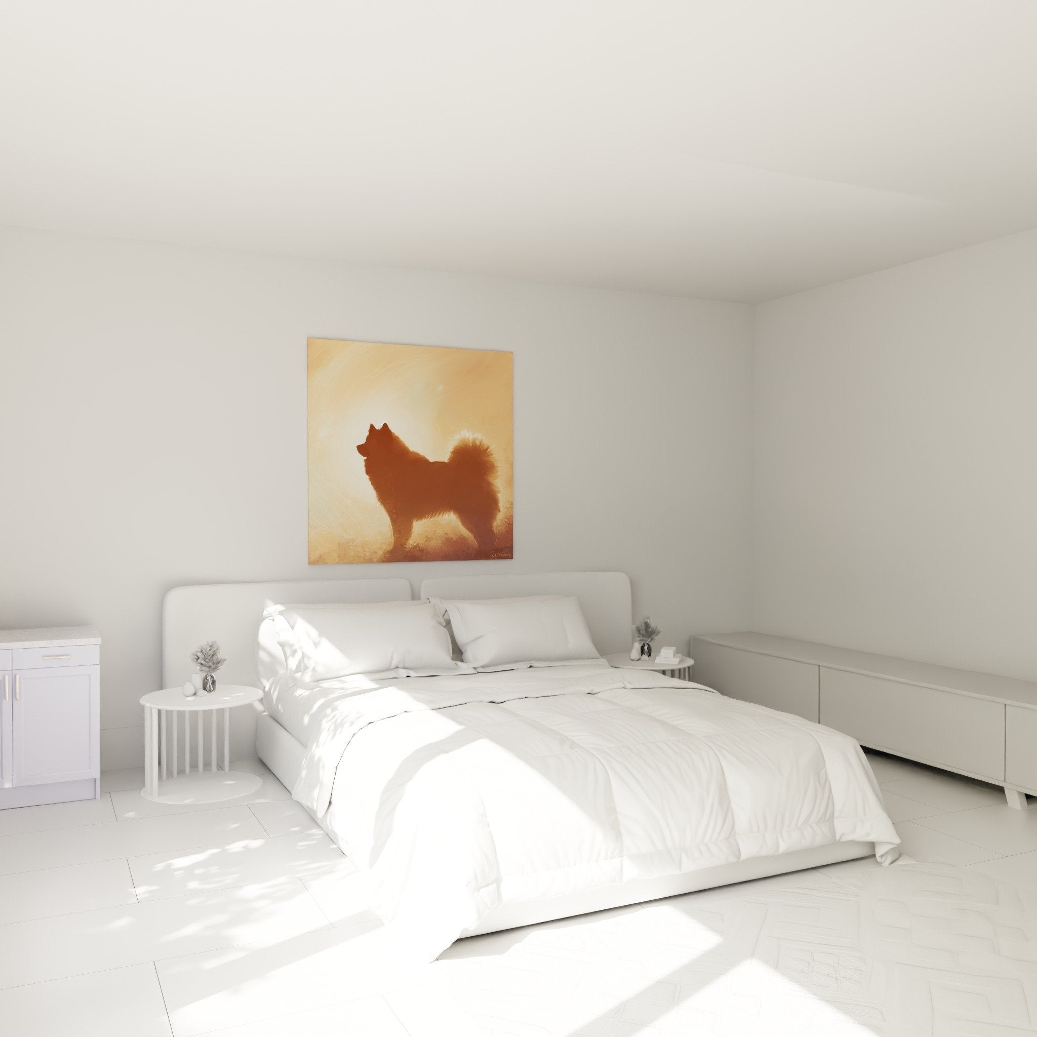 Decoration chambre tableau eurasier silhouette lumiere doree ambiance chaleureuse art mural canin