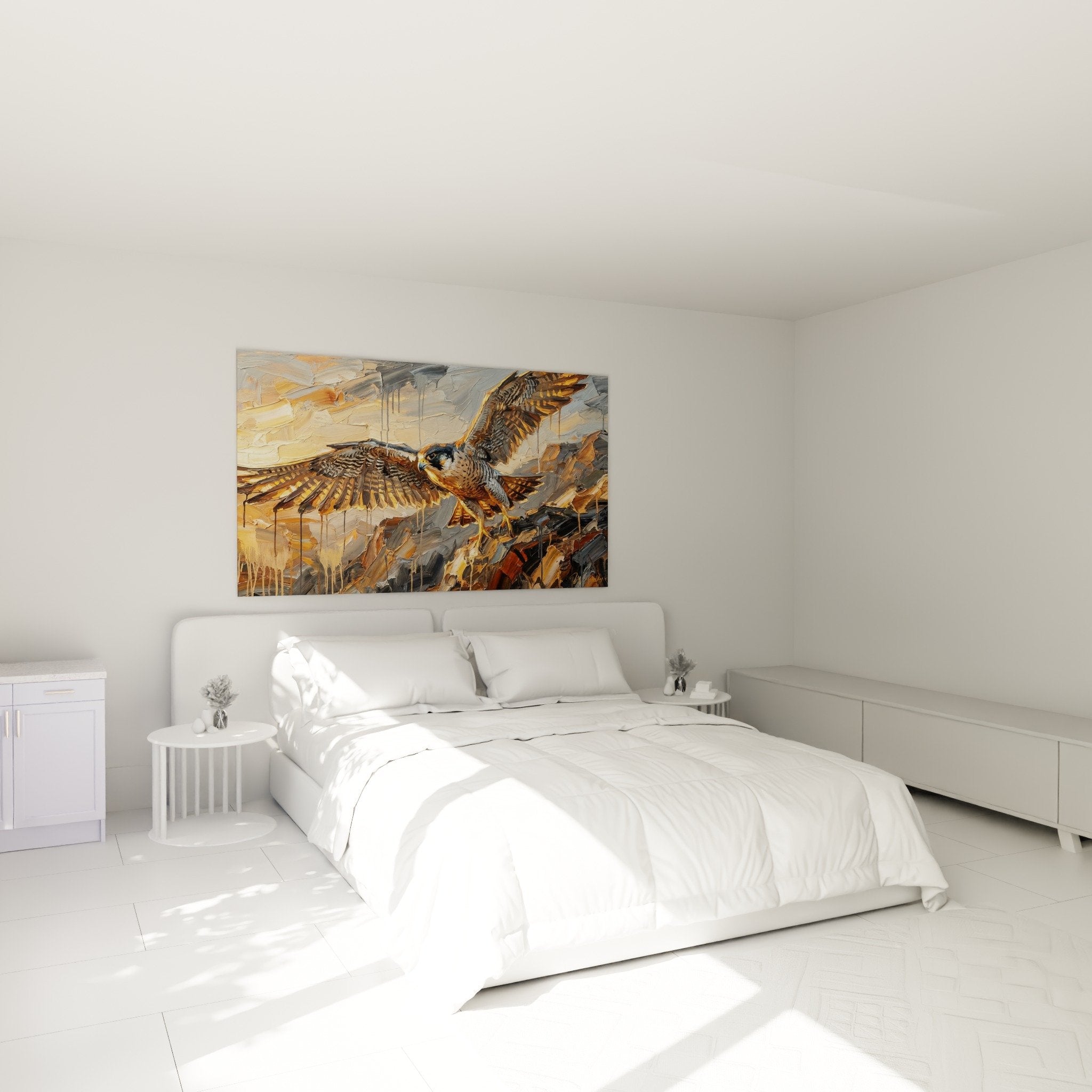 Deco chambre tableau faucon vol majestueux couleurs chaudes ambiance naturelle