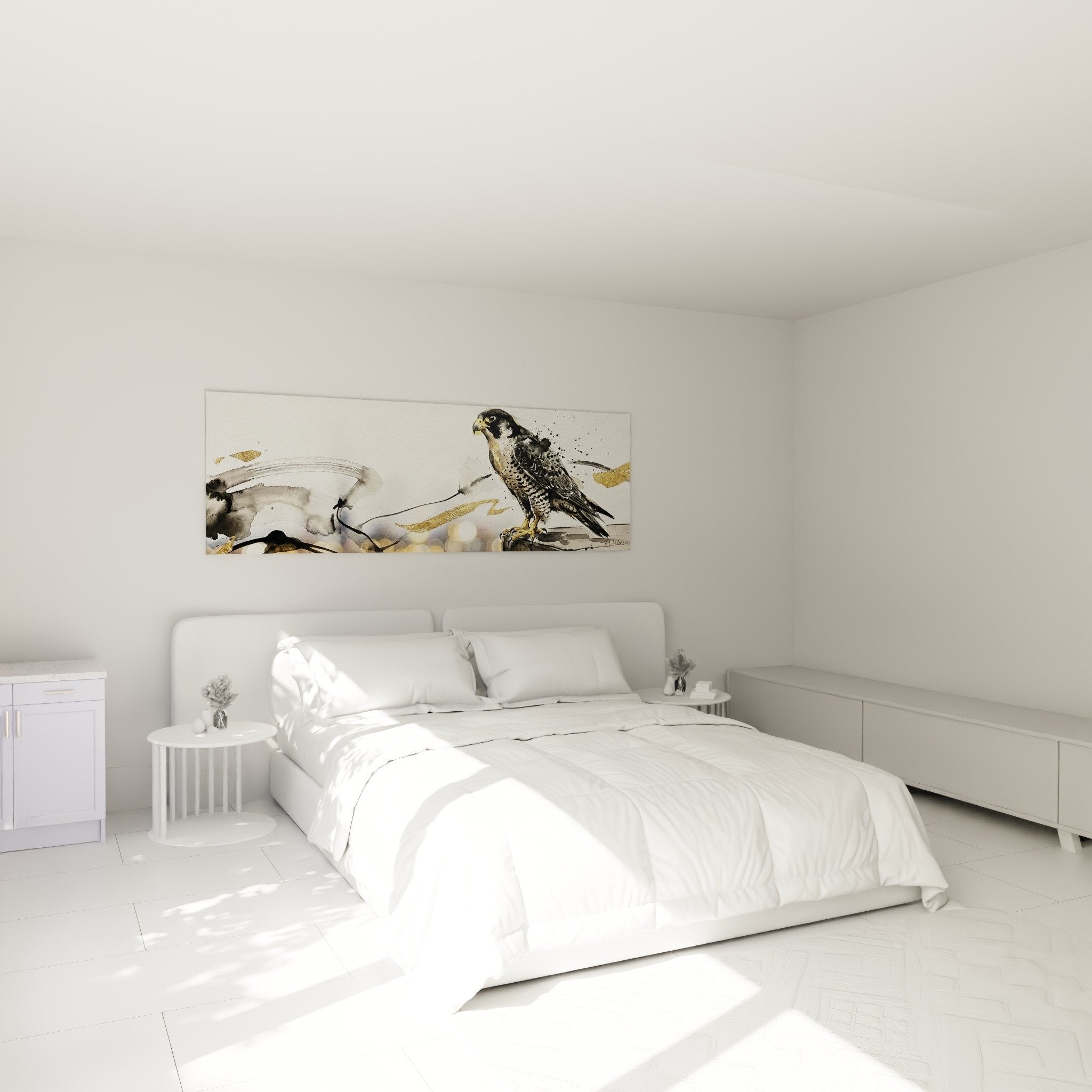 Decoration murale faucon pelerin chambre ambiance naturelle aquarelle doree elegance sauvage