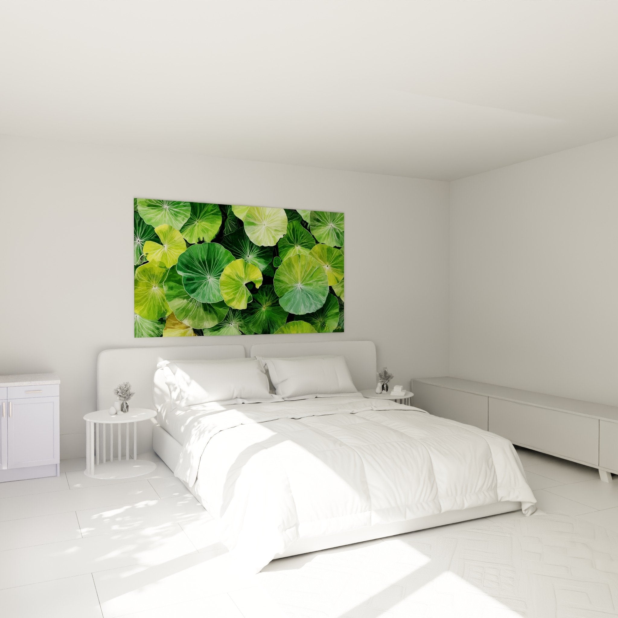 Schlafzimmer Dekoration Bild grüne Lotusblätter Wandbild natürliche beruhigende Atmosphäre Seerose