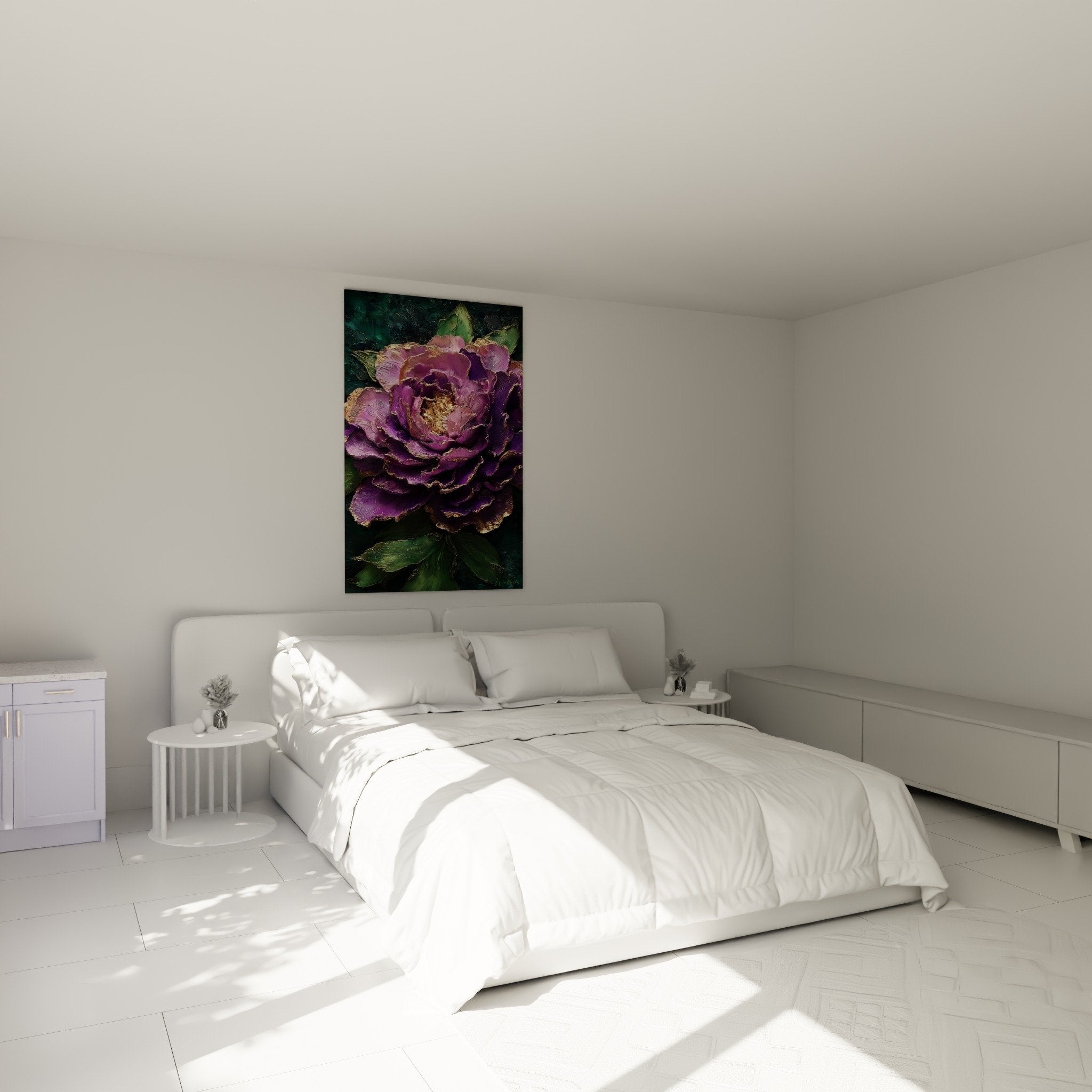 Décoration chambre avec tableau fleur violette dorée, ambiance apaisante feng shui, art mural floral moderne