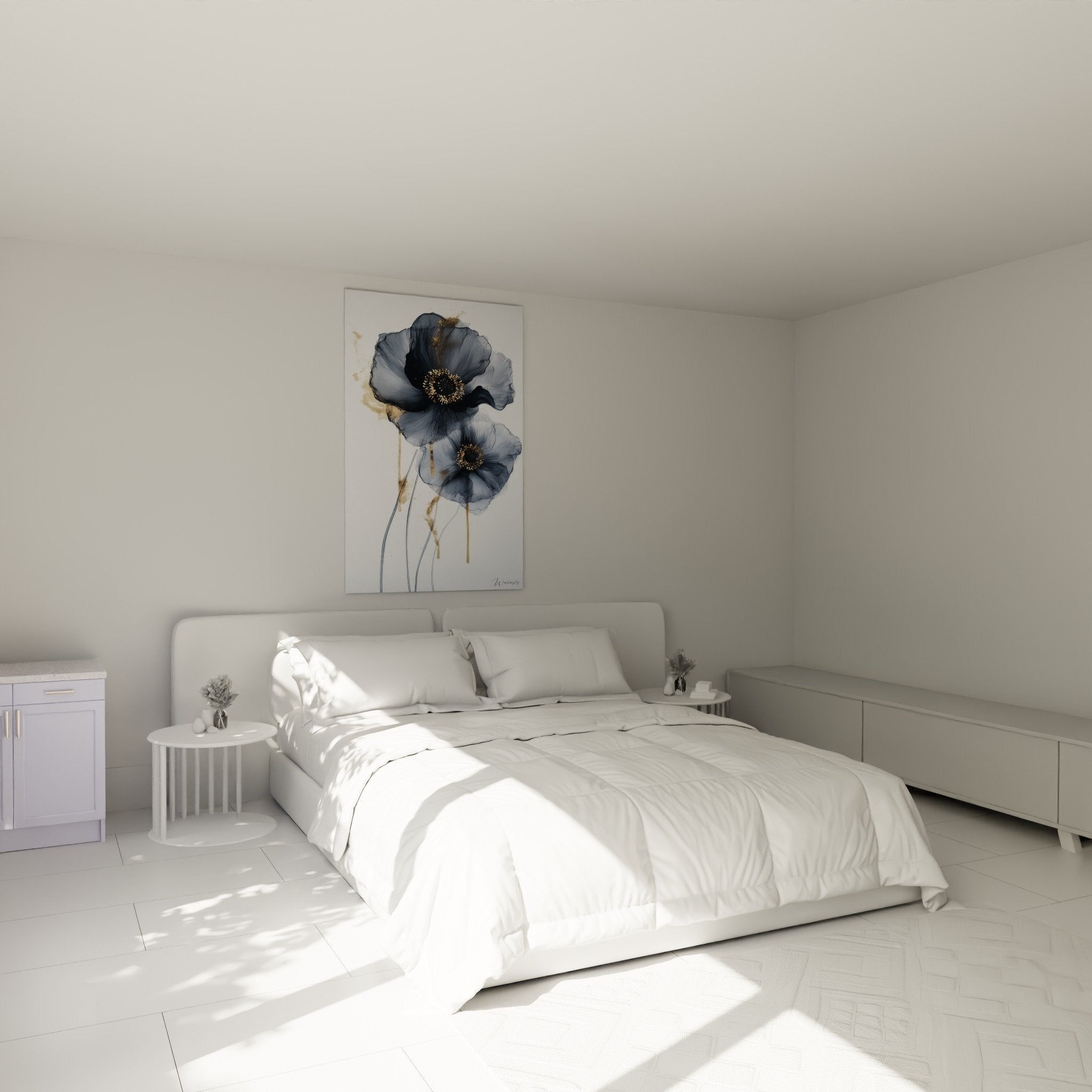 Decoration chambre tableau fleurs bleues aquarelle ambiance zen mur blanc mobilier contemporain