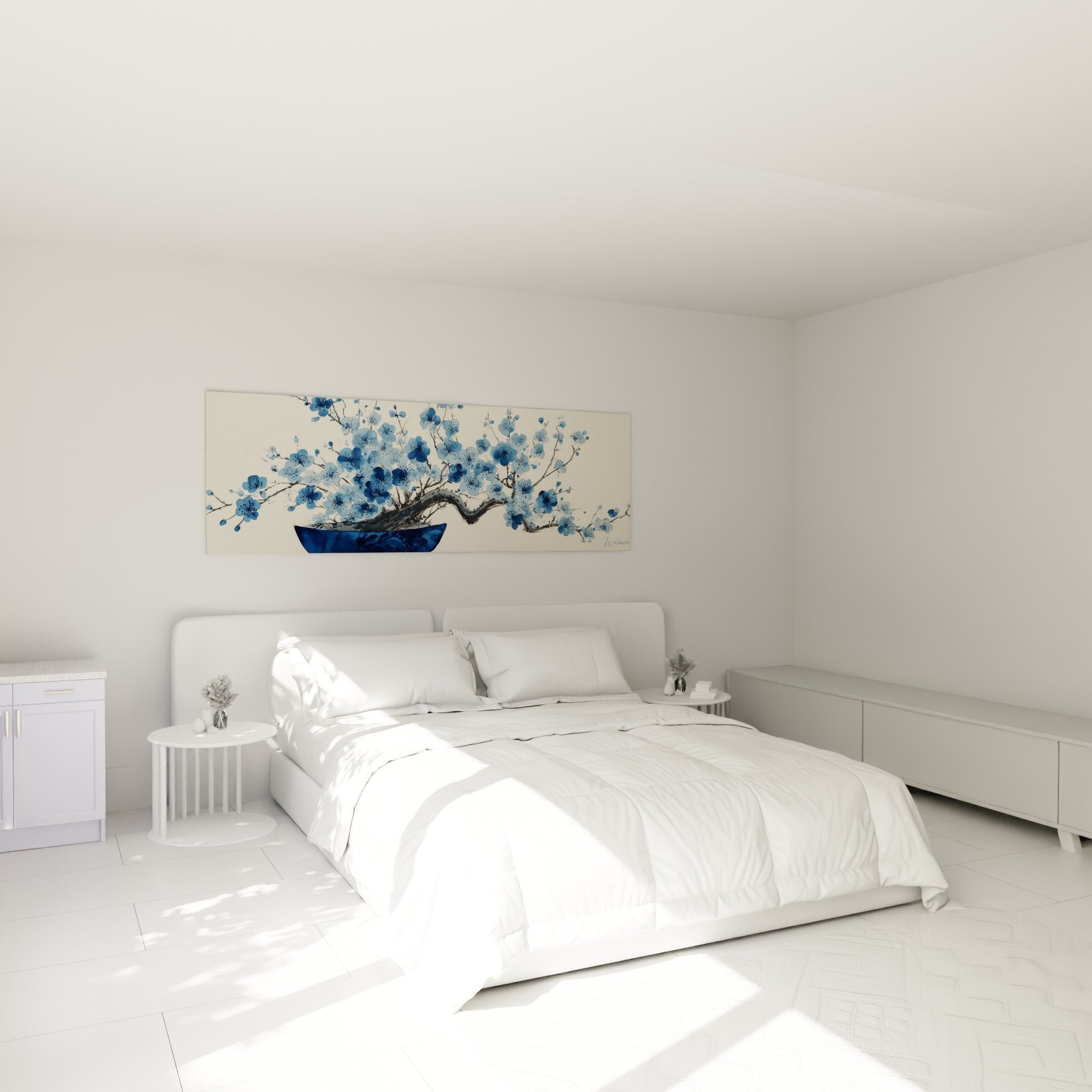 Tableau fleurs bleues cerisier japonais decoration murale chambre ambiance zen apaisante