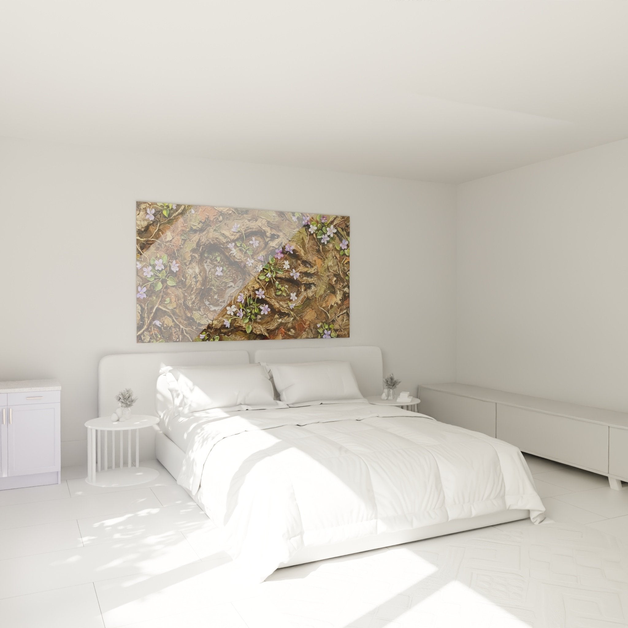 Decorazione camera da letto con quadro fiori viola autunnali, atmosfera dolce e naturale