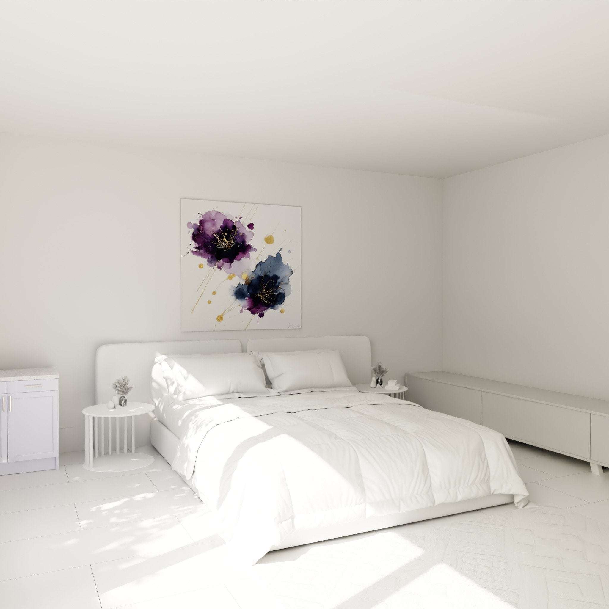 Purple and blue flowers wall decoration in modern feng shui bedroom