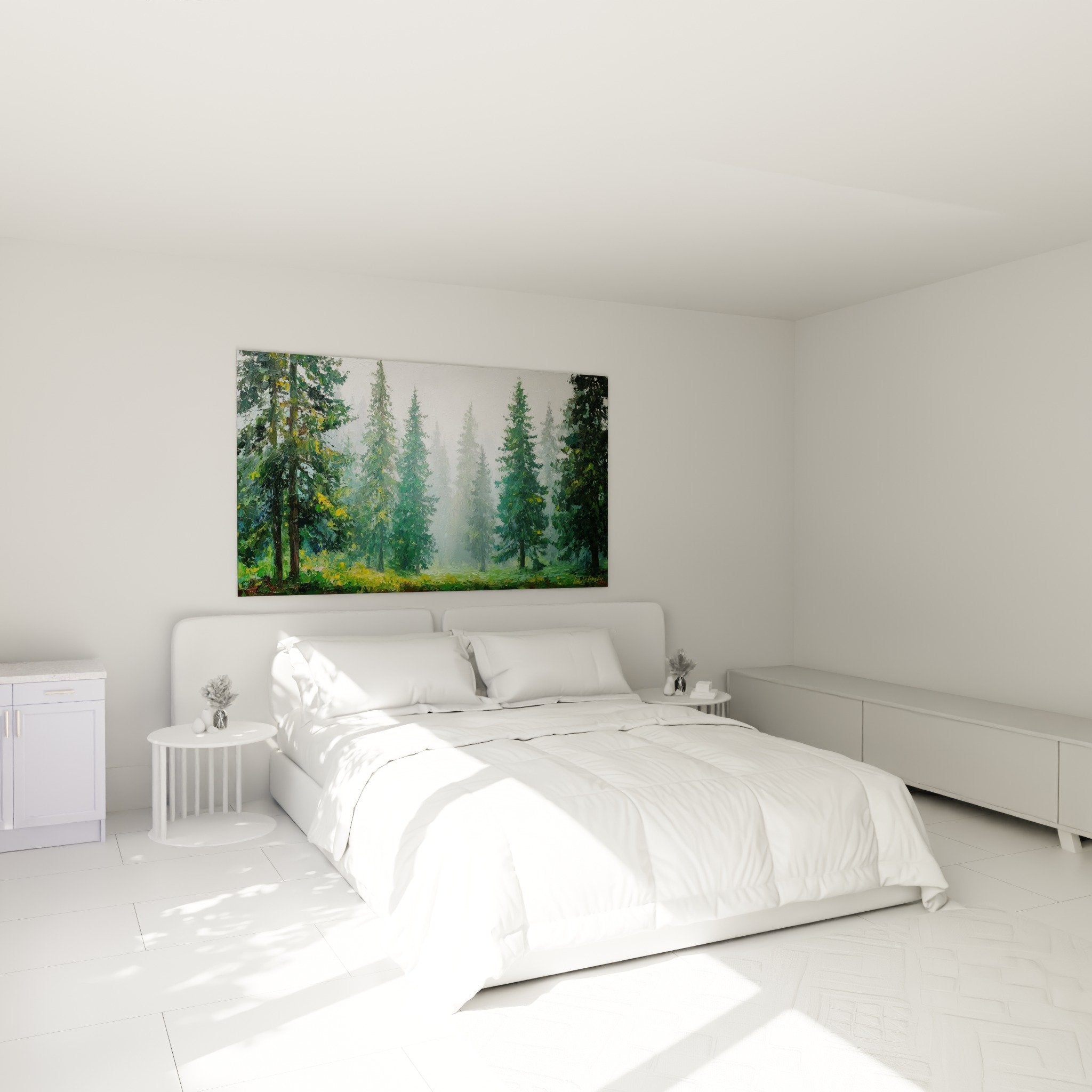 Bedroom decor misty green forest wall art calming above bed feng shui wooden frame